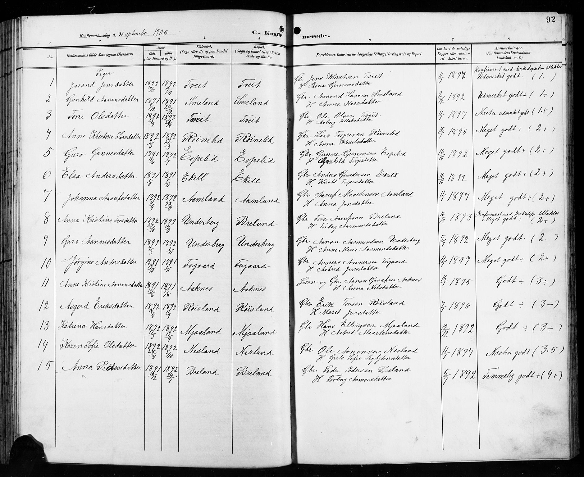 Åseral sokneprestkontor, SAK/1111-0051/F/Fb/L0003: Parish register (copy) no. B 3, 1900-1919, p. 92