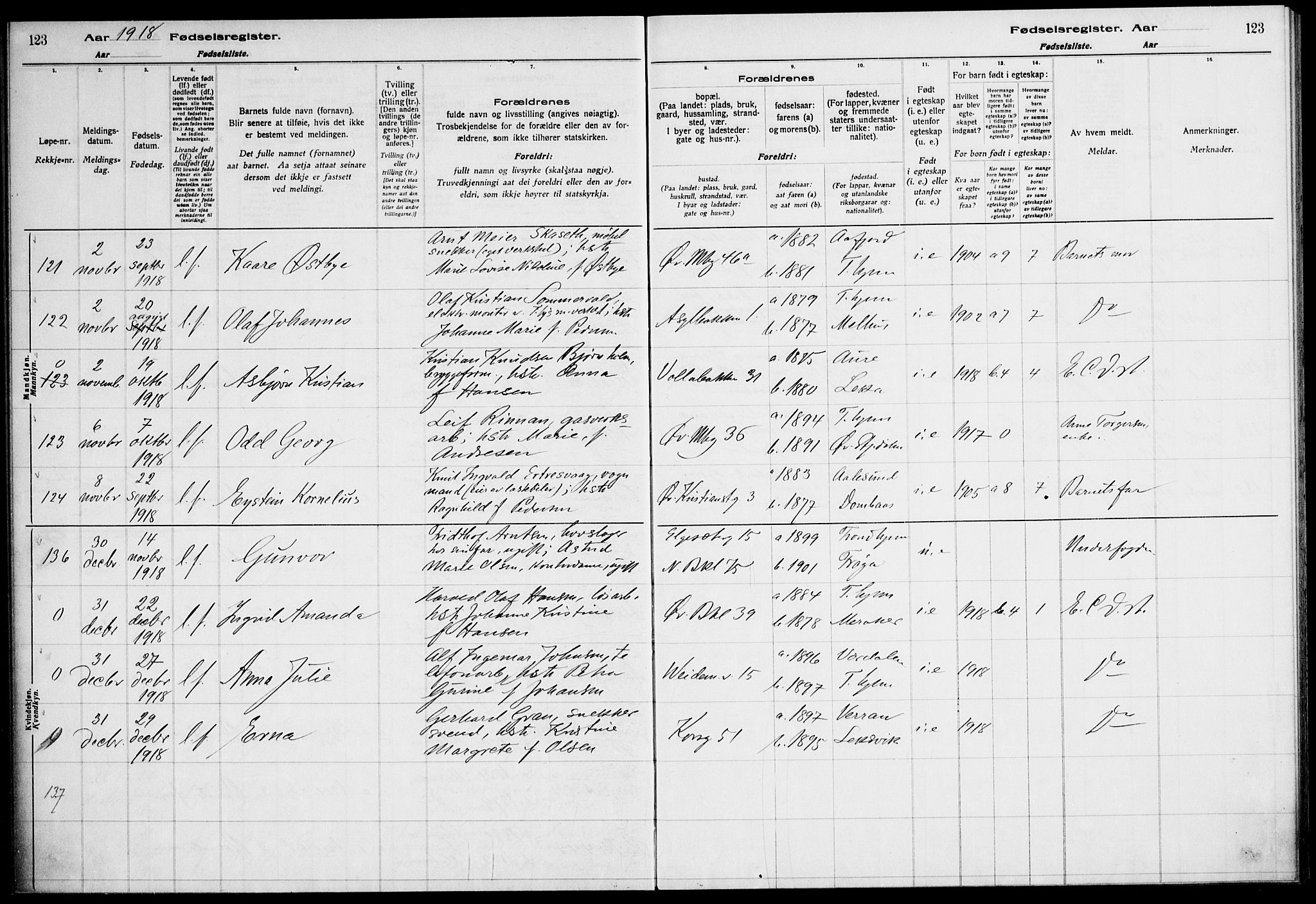 Ministerialprotokoller, klokkerbøker og fødselsregistre - Sør-Trøndelag, SAT/A-1456/604/L0232: Birth register no. 604.II.4.1, 1916-1920, p. 123