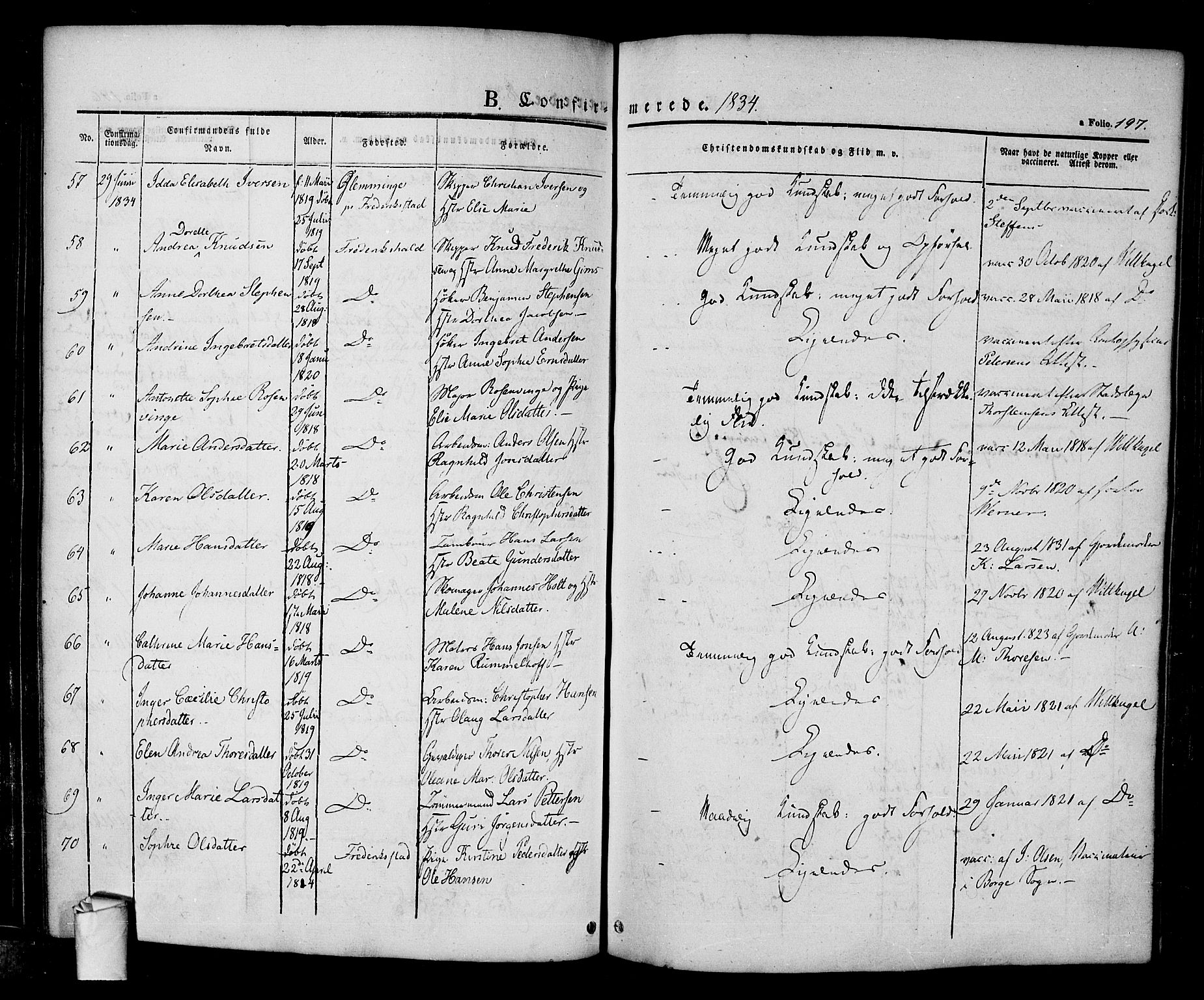 Halden prestekontor Kirkebøker, AV/SAO-A-10909/F/Fa/L0005: Parish register (official) no. I 5, 1834-1845, p. 197