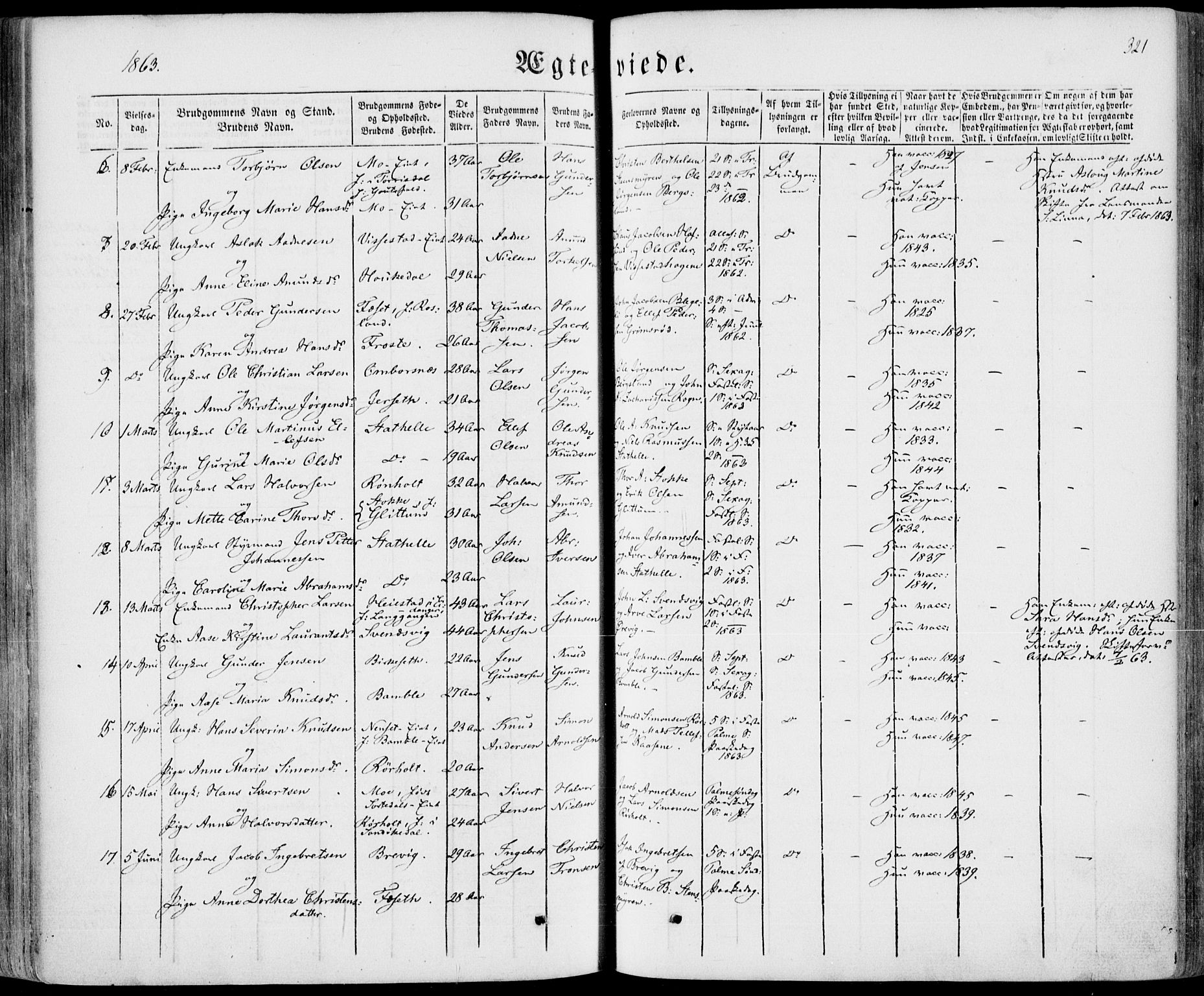 Bamble kirkebøker, SAKO/A-253/F/Fa/L0005: Parish register (official) no. I 5, 1854-1869, p. 321