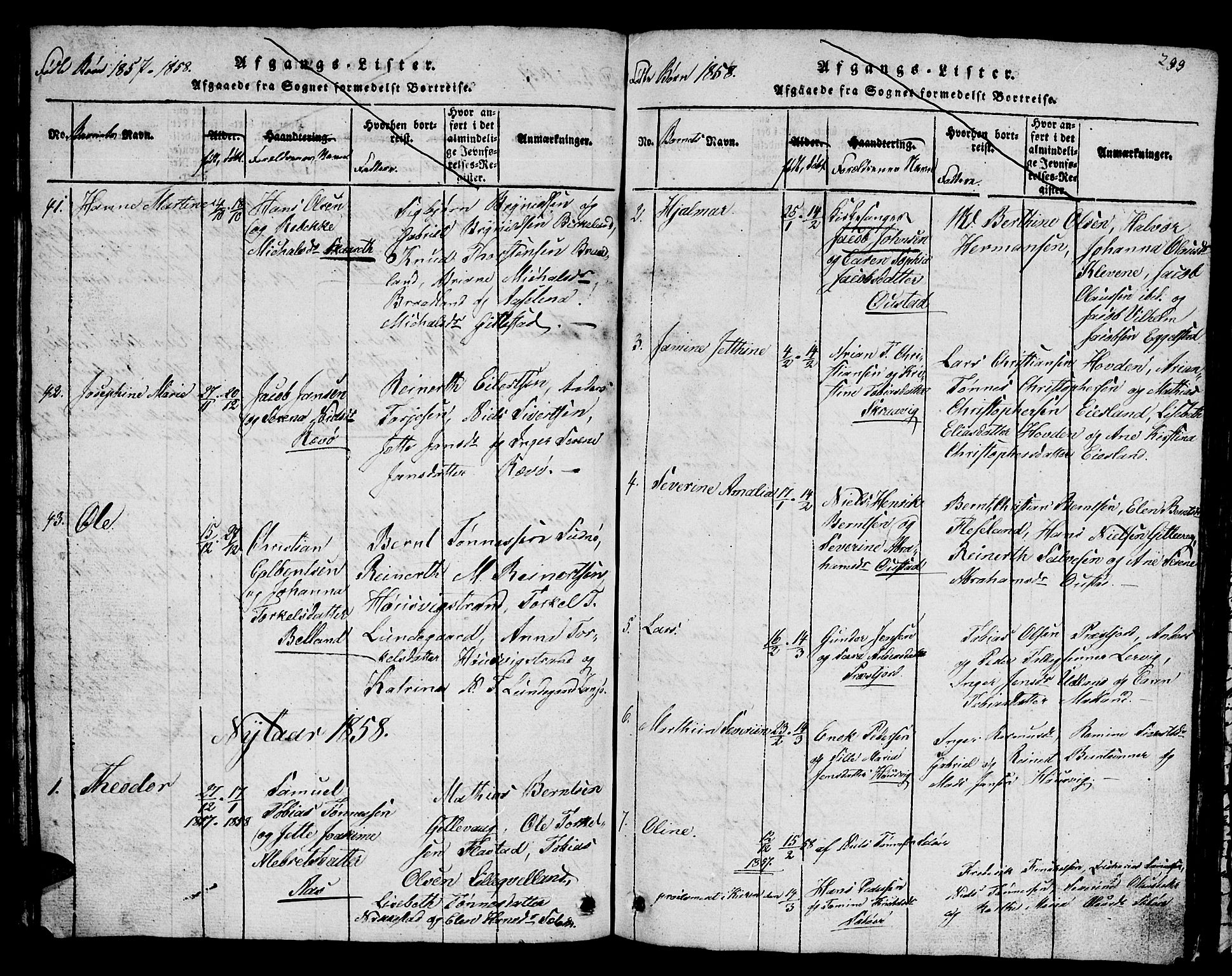 Lyngdal sokneprestkontor, SAK/1111-0029/F/Fb/Fba/L0001: Parish register (copy) no. B 1, 1816-1876, p. 299