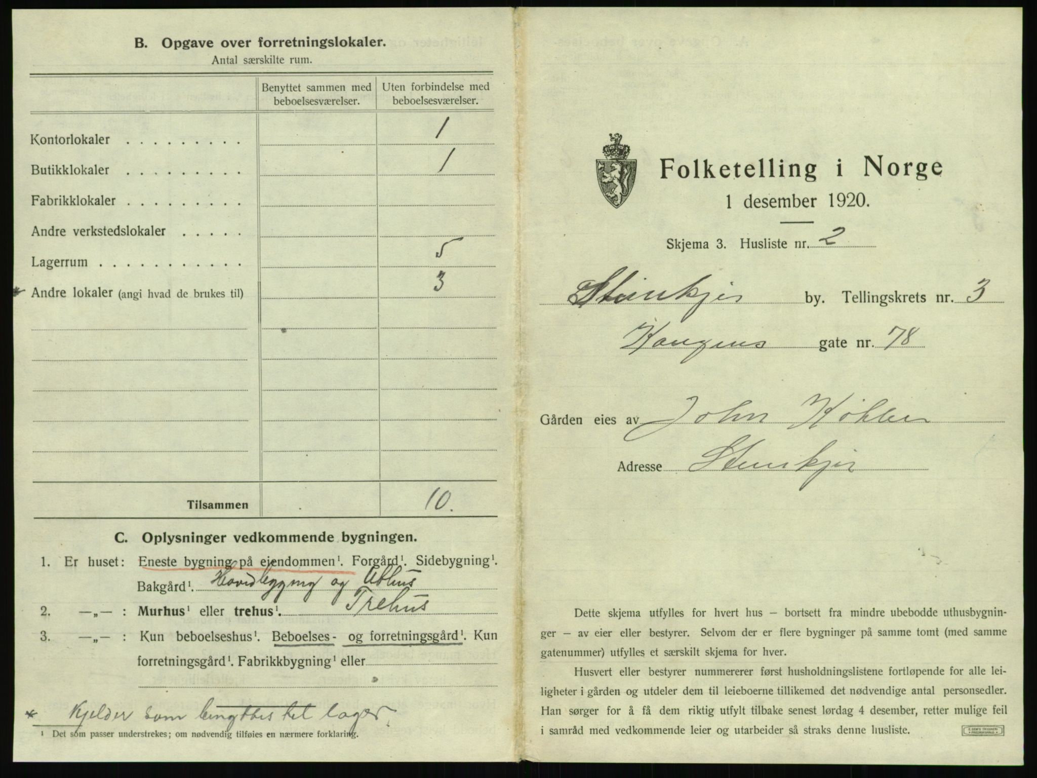 SAT, 1920 census for Steinkjer, 1920, p. 422