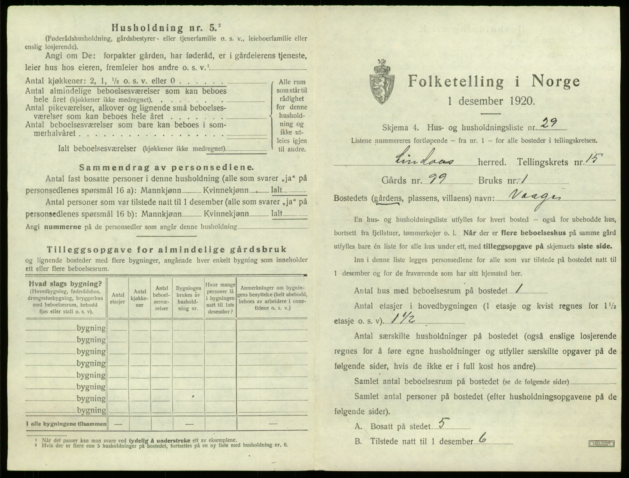 SAB, 1920 census for Lindås, 1920, p. 1053