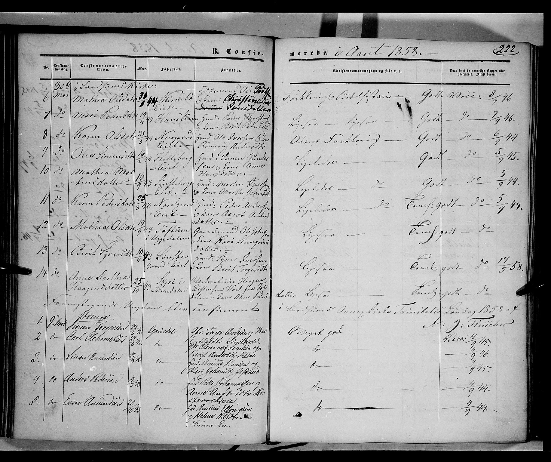 Gausdal prestekontor, AV/SAH-PREST-090/H/Ha/Haa/L0008: Parish register (official) no. 8, 1850-1861, p. 222