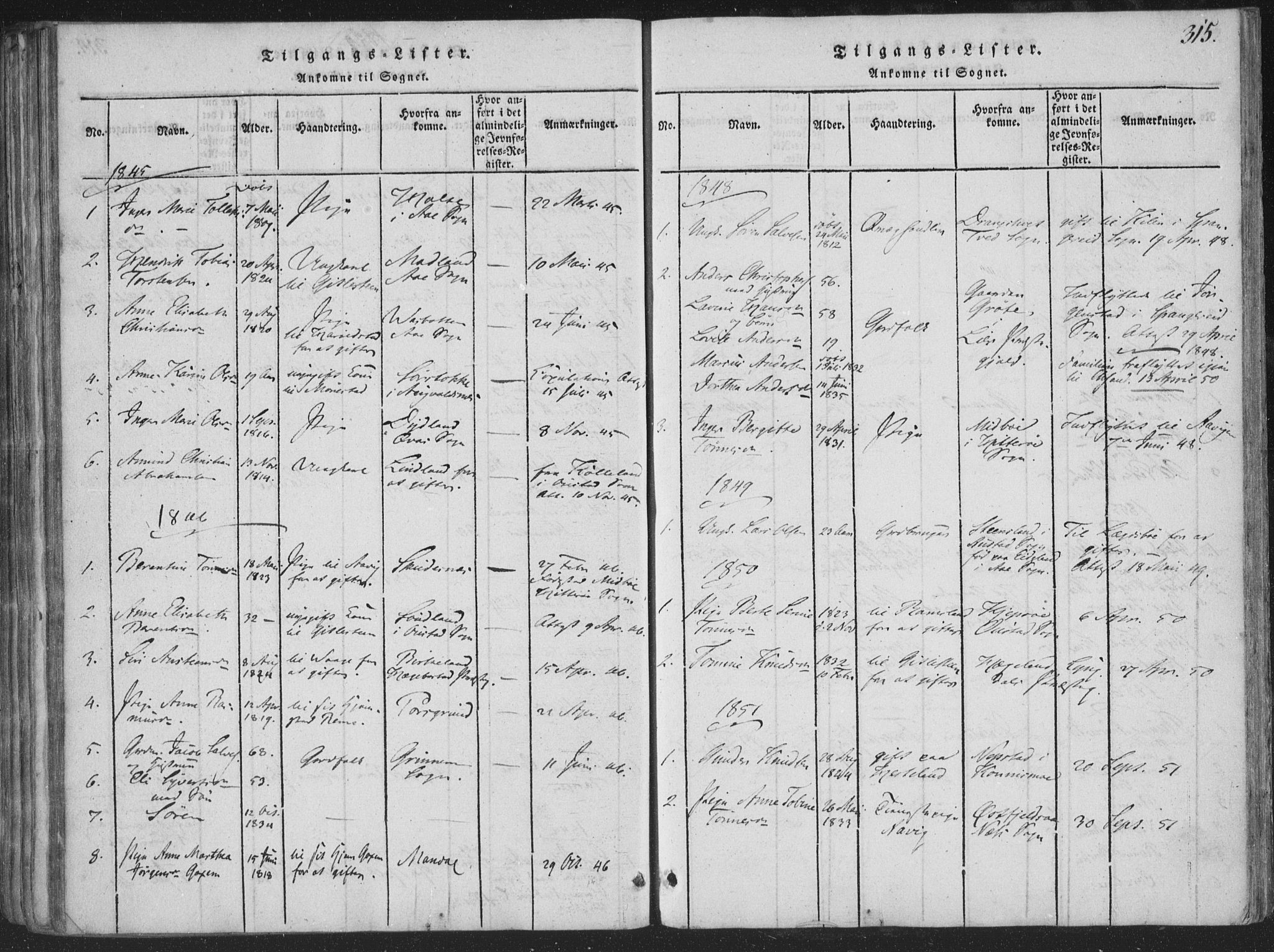 Sør-Audnedal sokneprestkontor, AV/SAK-1111-0039/F/Fa/Faa/L0001: Parish register (official) no. A 1, 1816-1848, p. 315