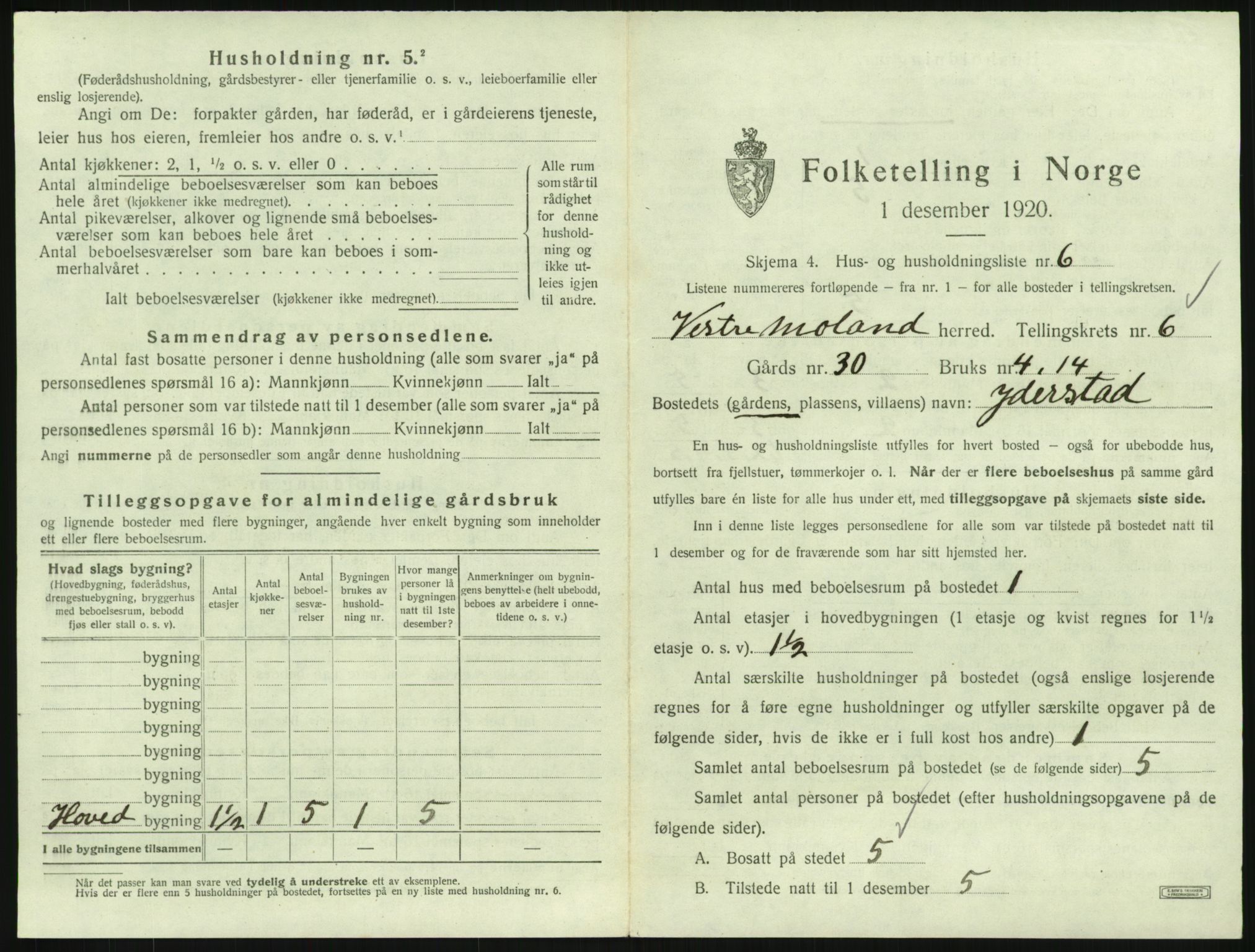 SAK, 1920 census for Vestre Moland, 1920, p. 829
