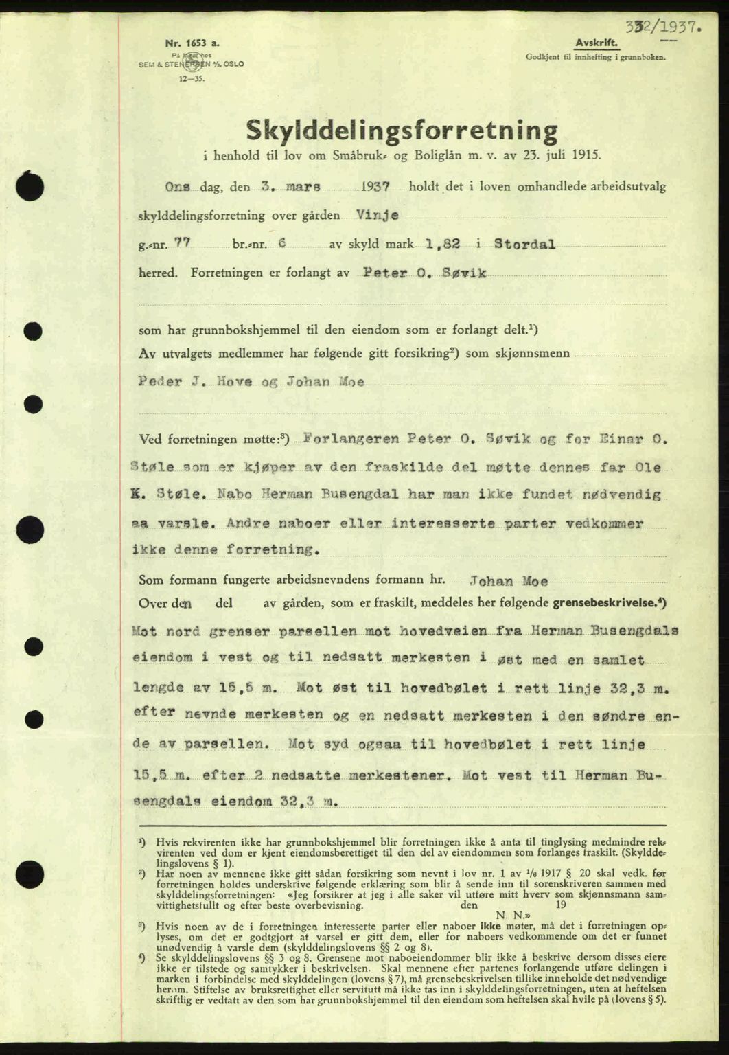 Nordre Sunnmøre sorenskriveri, AV/SAT-A-0006/1/2/2C/2Ca: Mortgage book no. A2, 1936-1937, Diary no: : 332/1937