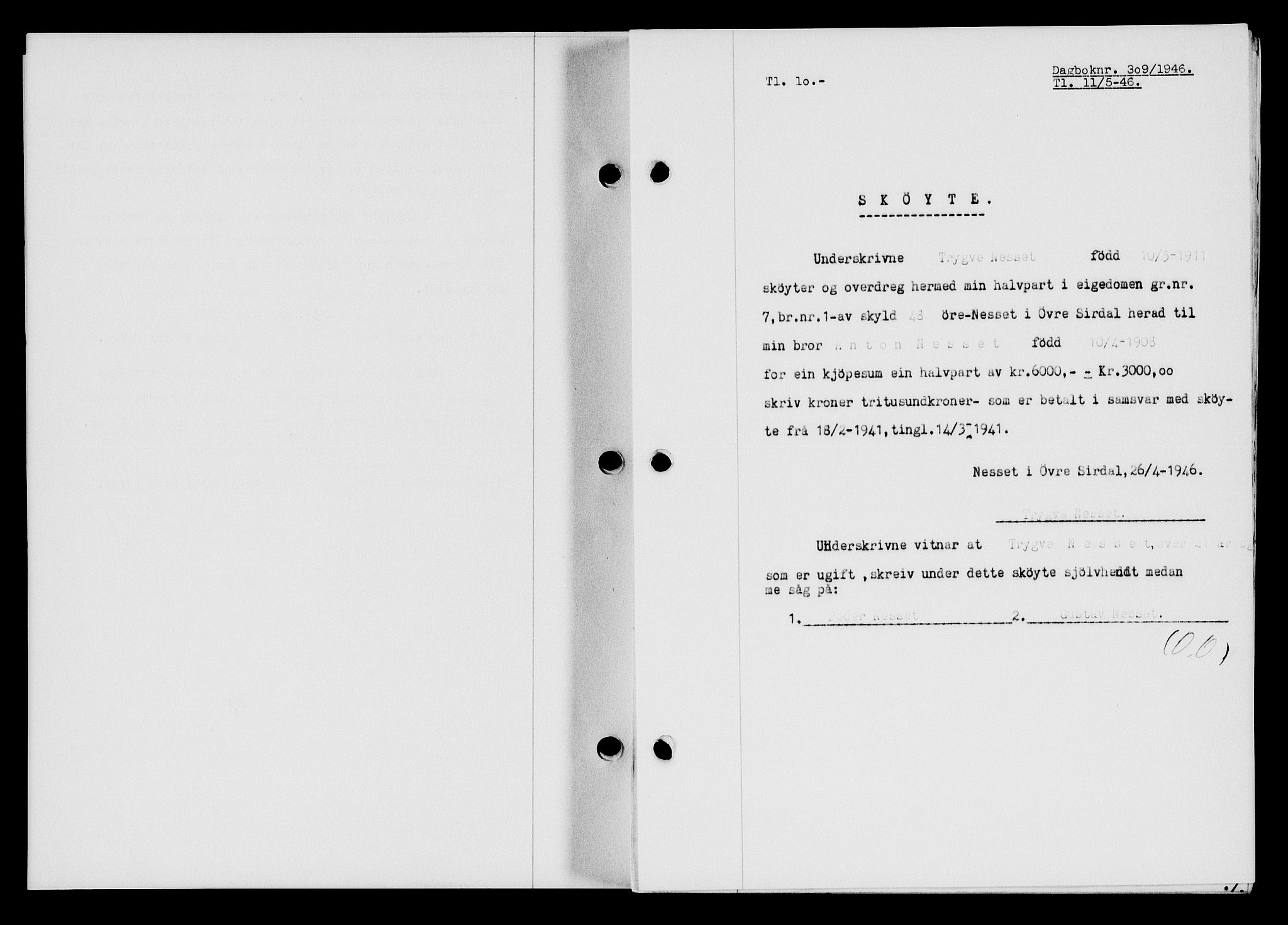 Flekkefjord sorenskriveri, AV/SAK-1221-0001/G/Gb/Gba/L0060: Mortgage book no. A-8, 1945-1946, Diary no: : 309/1946