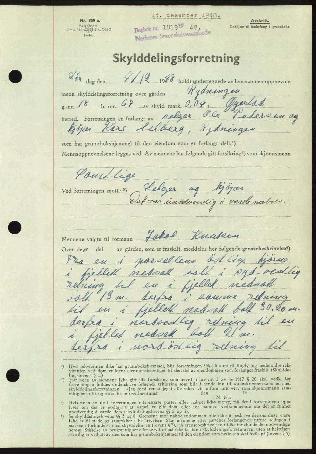 Nedenes sorenskriveri, AV/SAK-1221-0006/G/Gb/Gba/L0060: Mortgage book no. A12, 1948-1949, Diary no: : 1819/1948
