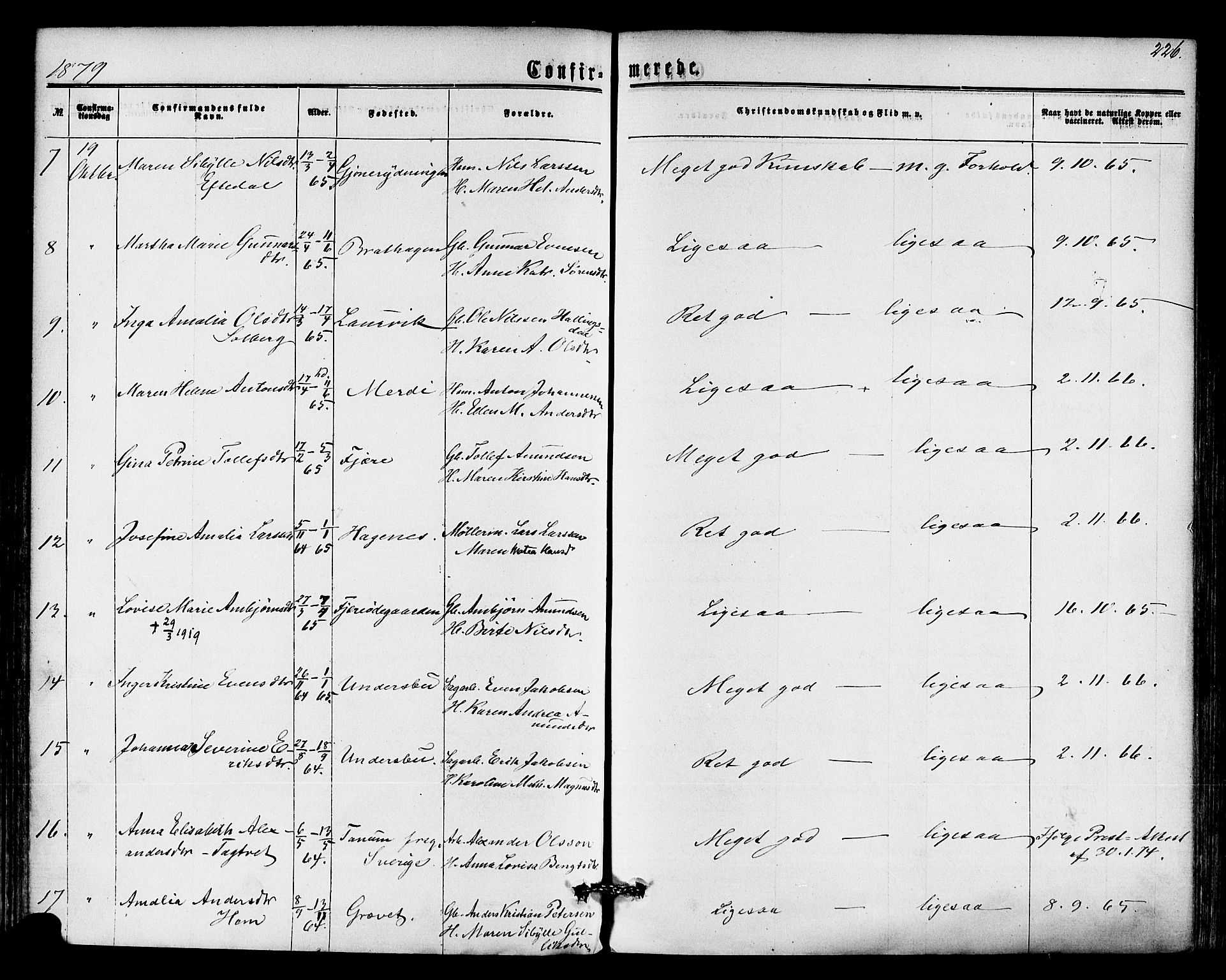 Hedrum kirkebøker, SAKO/A-344/F/Fa/L0008: Parish register (official) no. I 8, 1869-1880, p. 226
