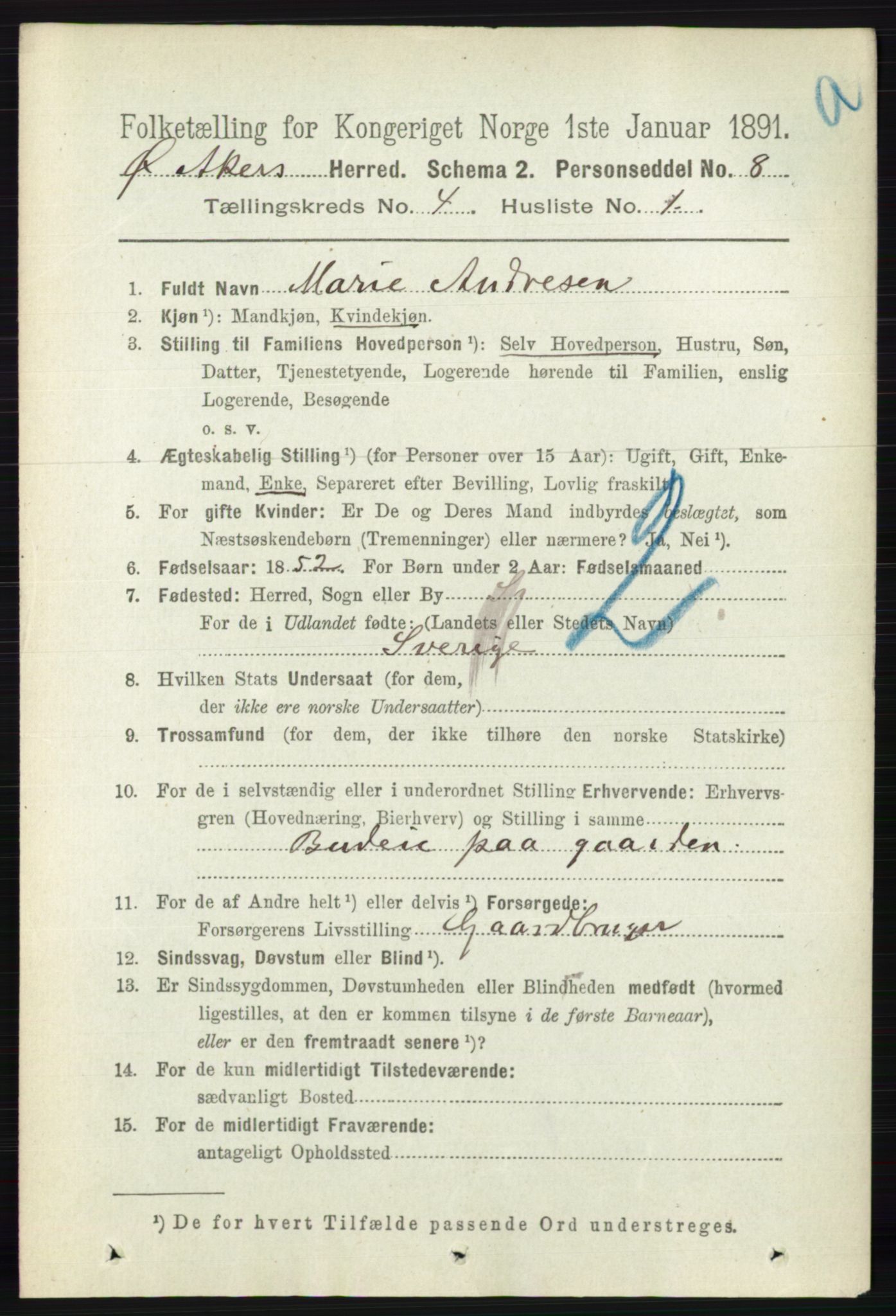 RA, 1891 census for 0218 Aker, 1891, p. 3932