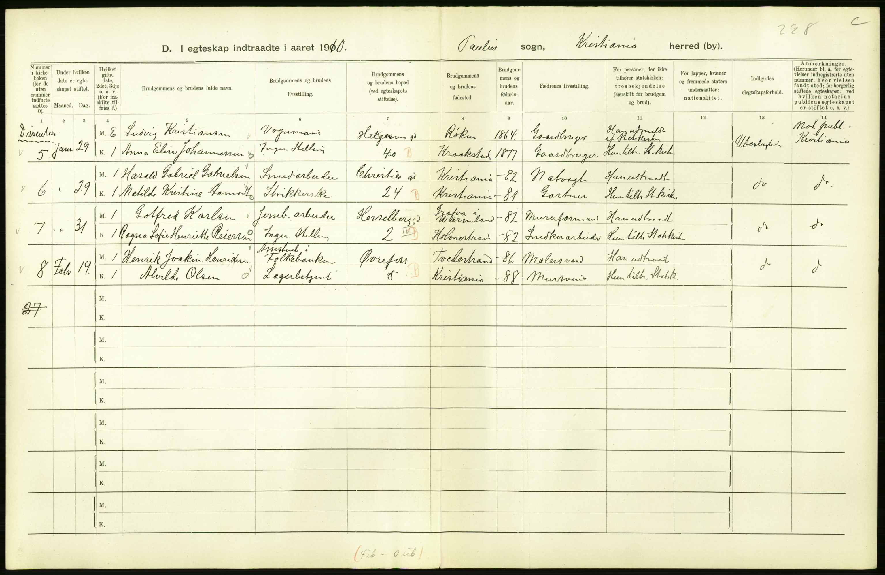 Statistisk sentralbyrå, Sosiodemografiske emner, Befolkning, AV/RA-S-2228/D/Df/Dfa/Dfah/L0009: Kristiania: Gifte og dødfødte., 1910, p. 60