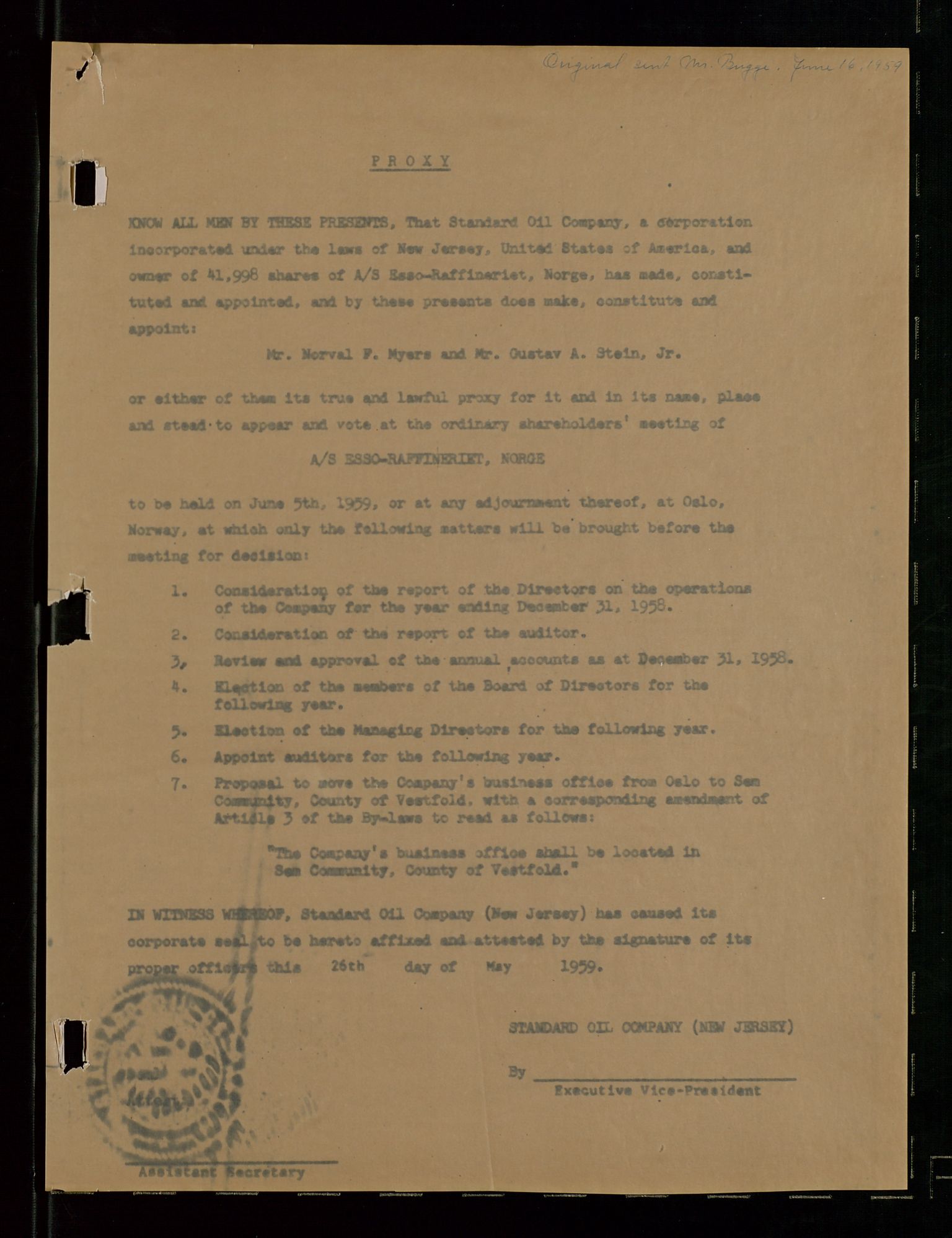 PA 1537 - A/S Essoraffineriet Norge, AV/SAST-A-101957/A/Aa/L0001/0002: Styremøter / Shareholder meetings, board meetings, by laws (vedtekter), 1957-1960, p. 52