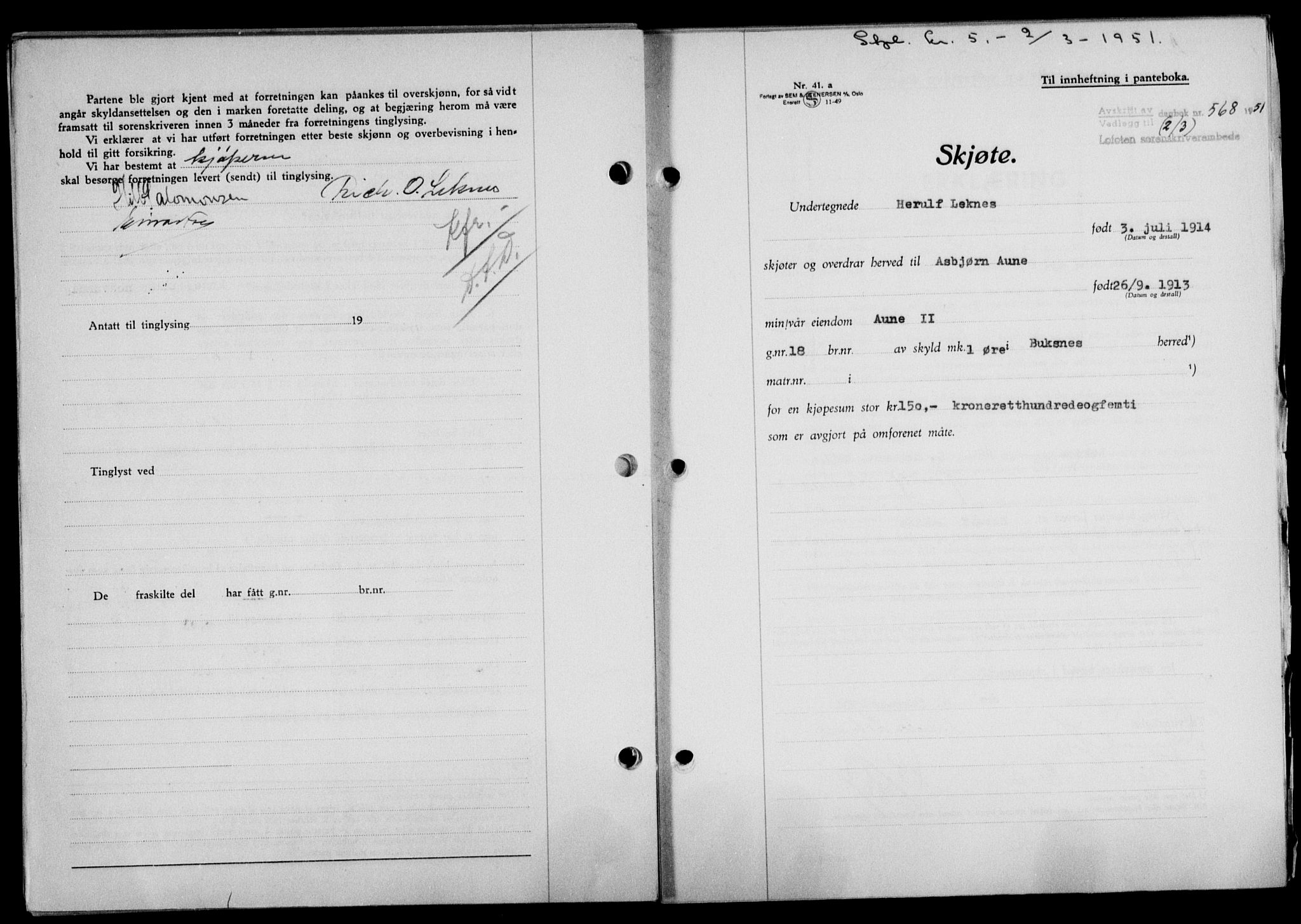 Lofoten sorenskriveri, SAT/A-0017/1/2/2C/L0025a: Mortgage book no. 25a, 1950-1951, Diary no: : 568/1951
