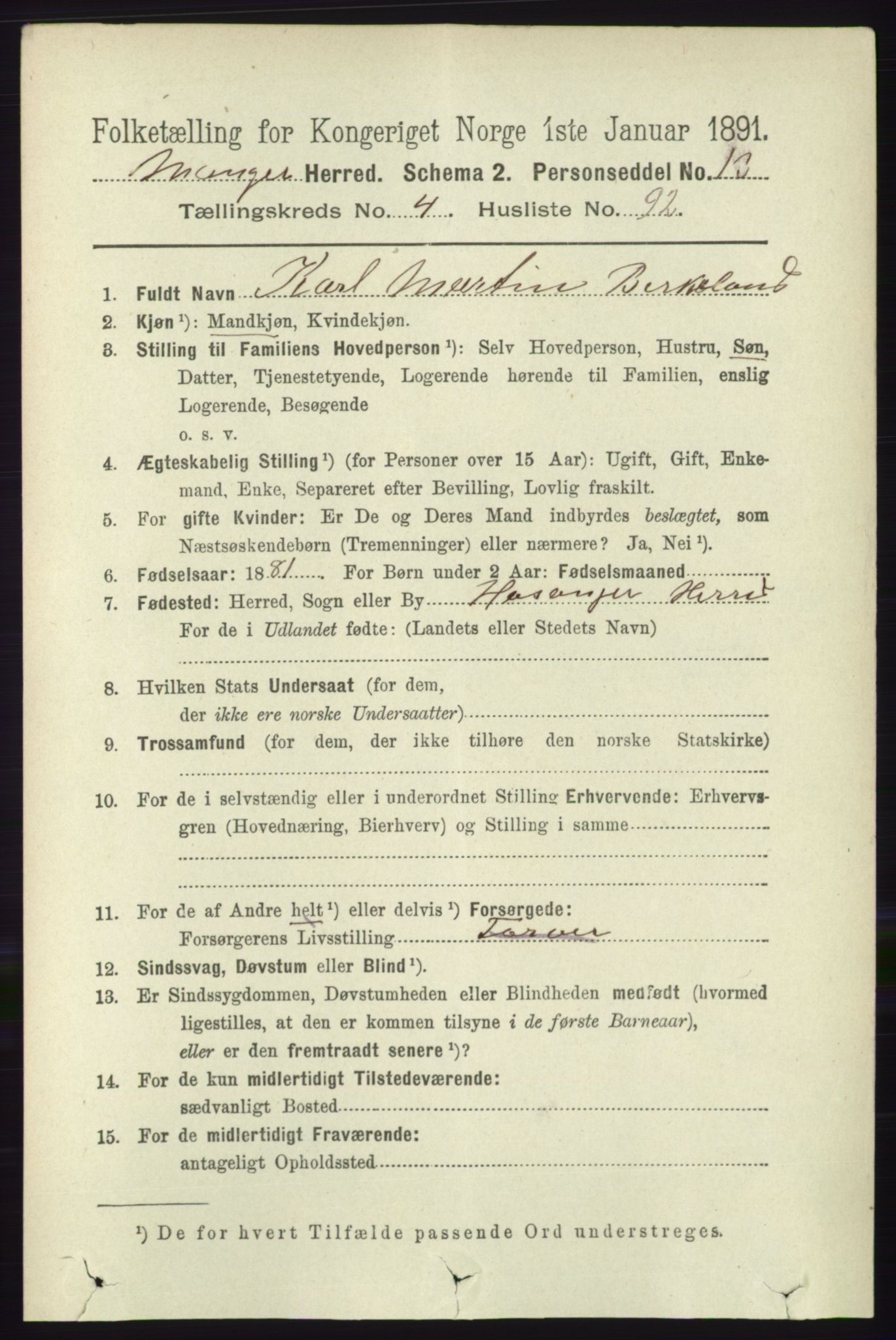 RA, 1891 census for 1261 Manger, 1891, p. 2534