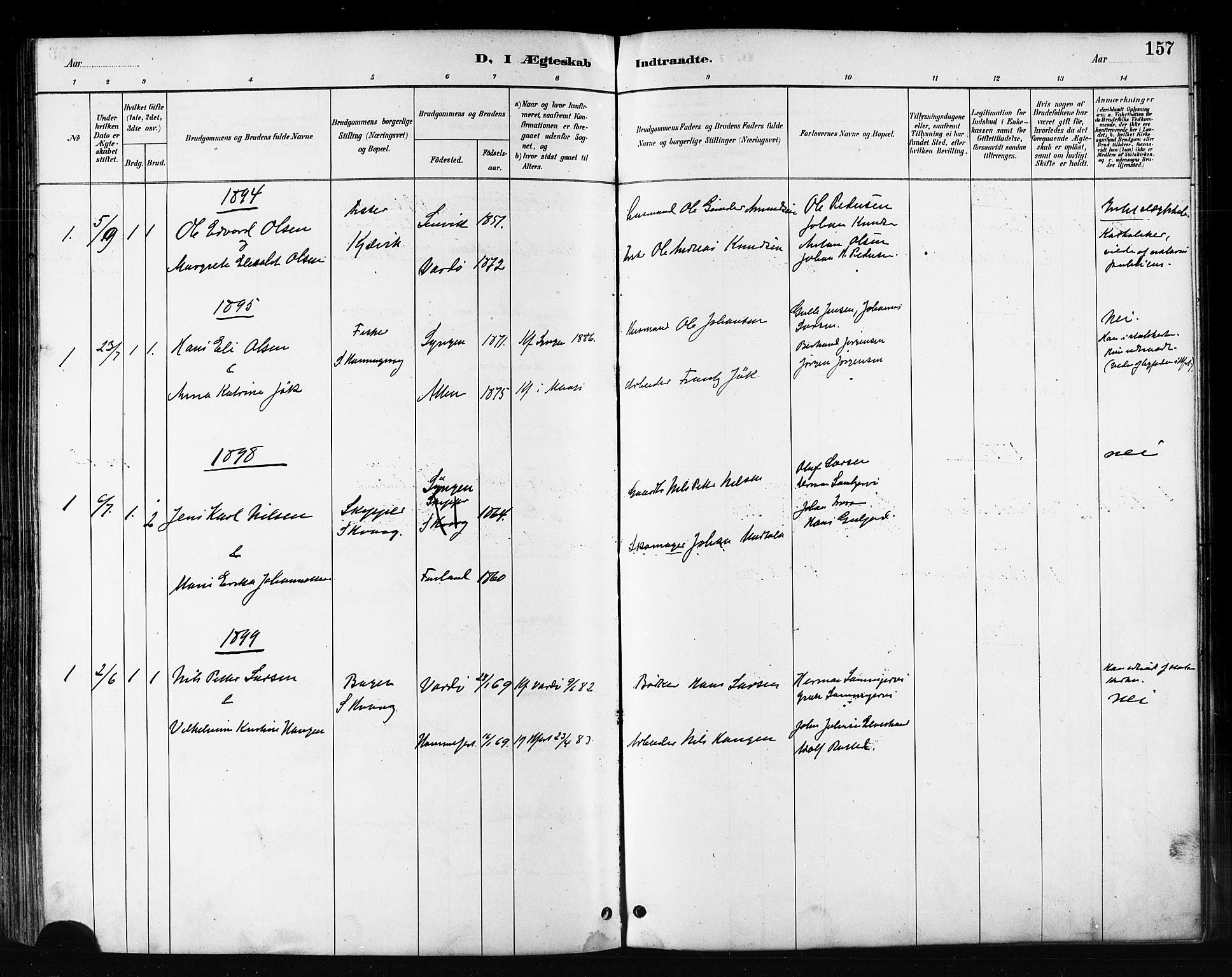 Måsøy sokneprestkontor, SATØ/S-1348/H/Ha/L0007kirke: Parish register (official) no. 7, 1887-1899, p. 157