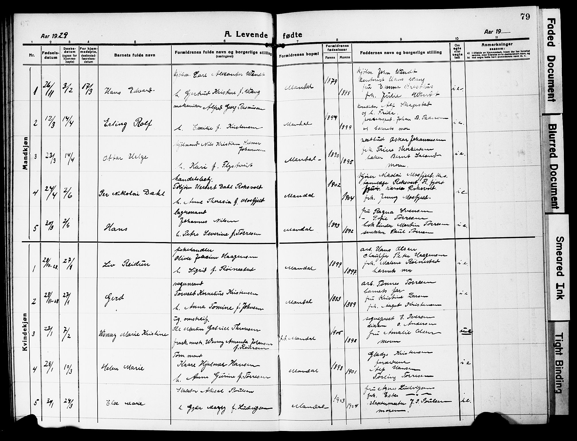 Mandal sokneprestkontor, AV/SAK-1111-0030/F/Fb/Fbc/L0001: Parish register (copy) no. B 1, 1918-1931, p. 79