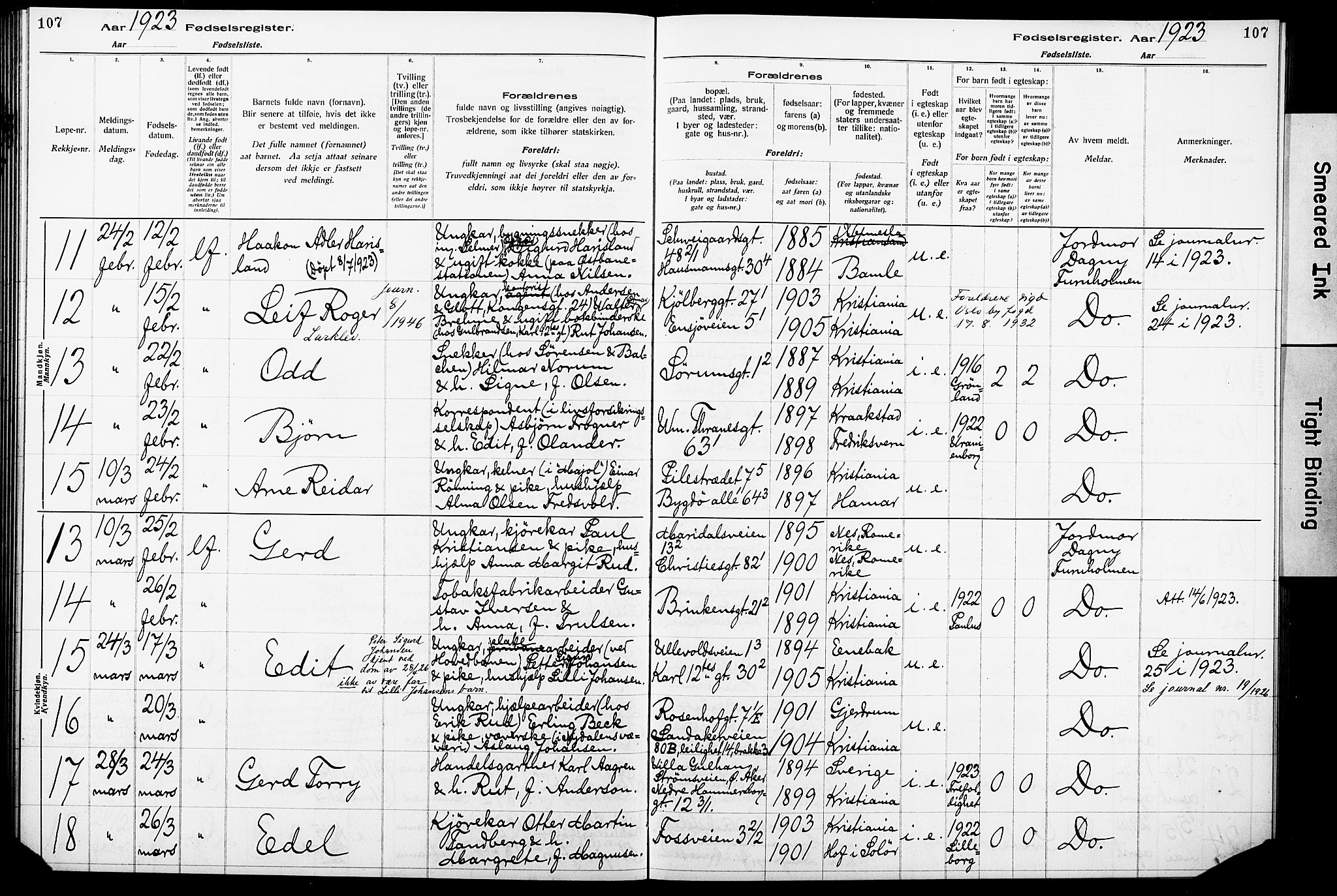 Krohgstøtten sykehusprest Kirkebøker, SAO/A-10854/J/Ja/L0001: Birth register no. 1, 1917-1928, p. 107