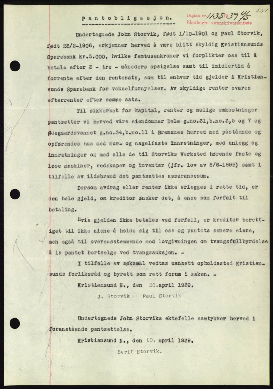 Nordmøre sorenskriveri, AV/SAT-A-4132/1/2/2Ca: Mortgage book no. B85, 1939-1939, Diary no: : 1135/1939