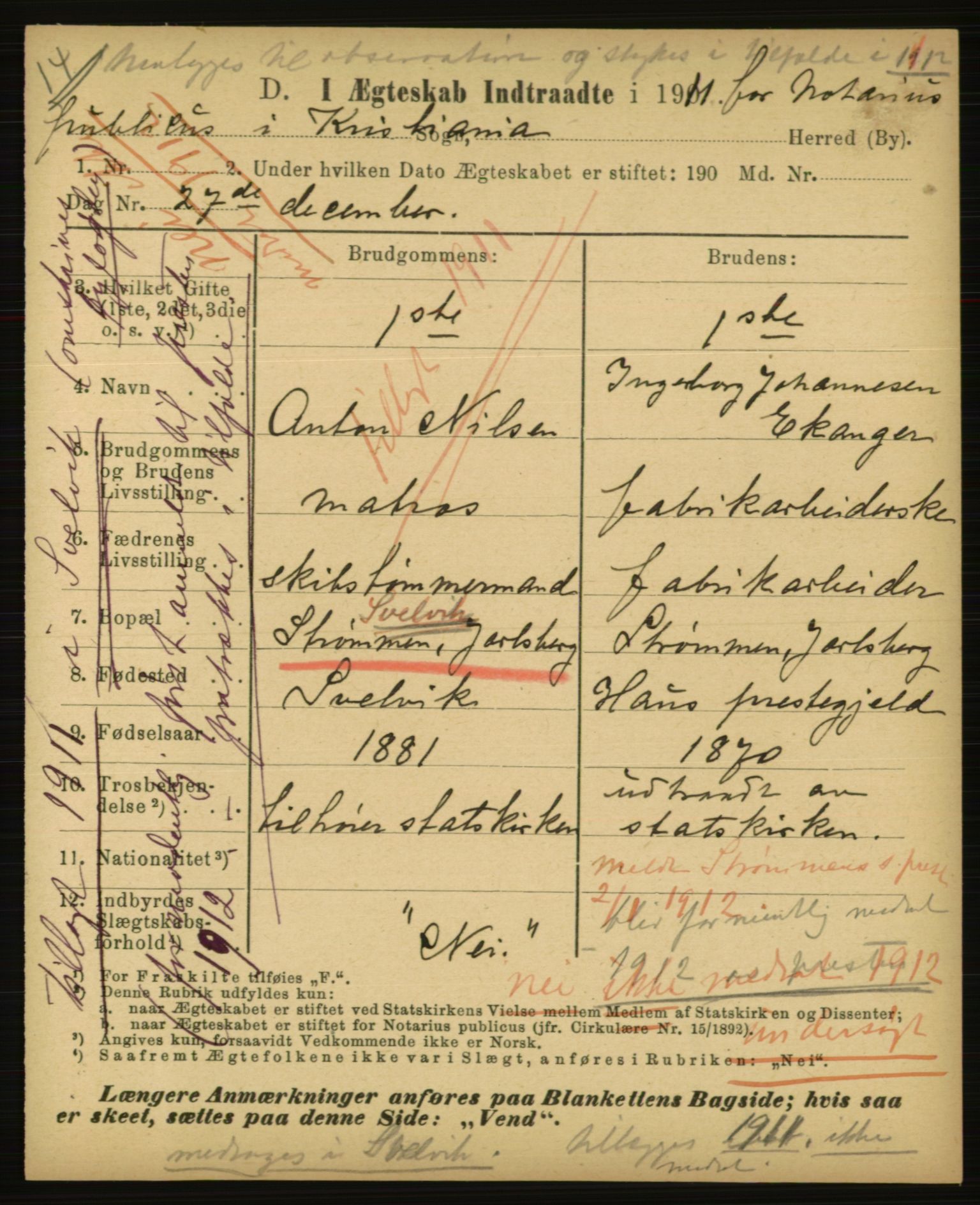 Statistisk sentralbyrå, Sosiodemografiske emner, Befolkning, AV/RA-S-2228/E/L0009: Fødte, gifte, døde dissentere., 1911, p. 2253