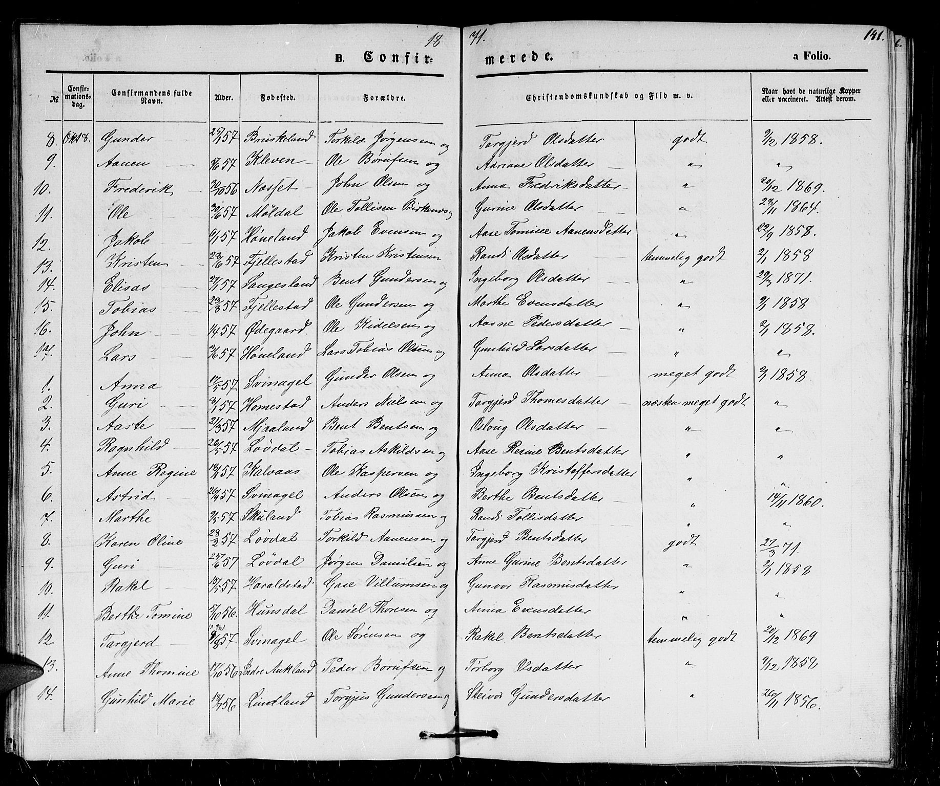 Holum sokneprestkontor, SAK/1111-0022/F/Fb/Fbb/L0002: Parish register (copy) no. B 2, 1847-1874, p. 141
