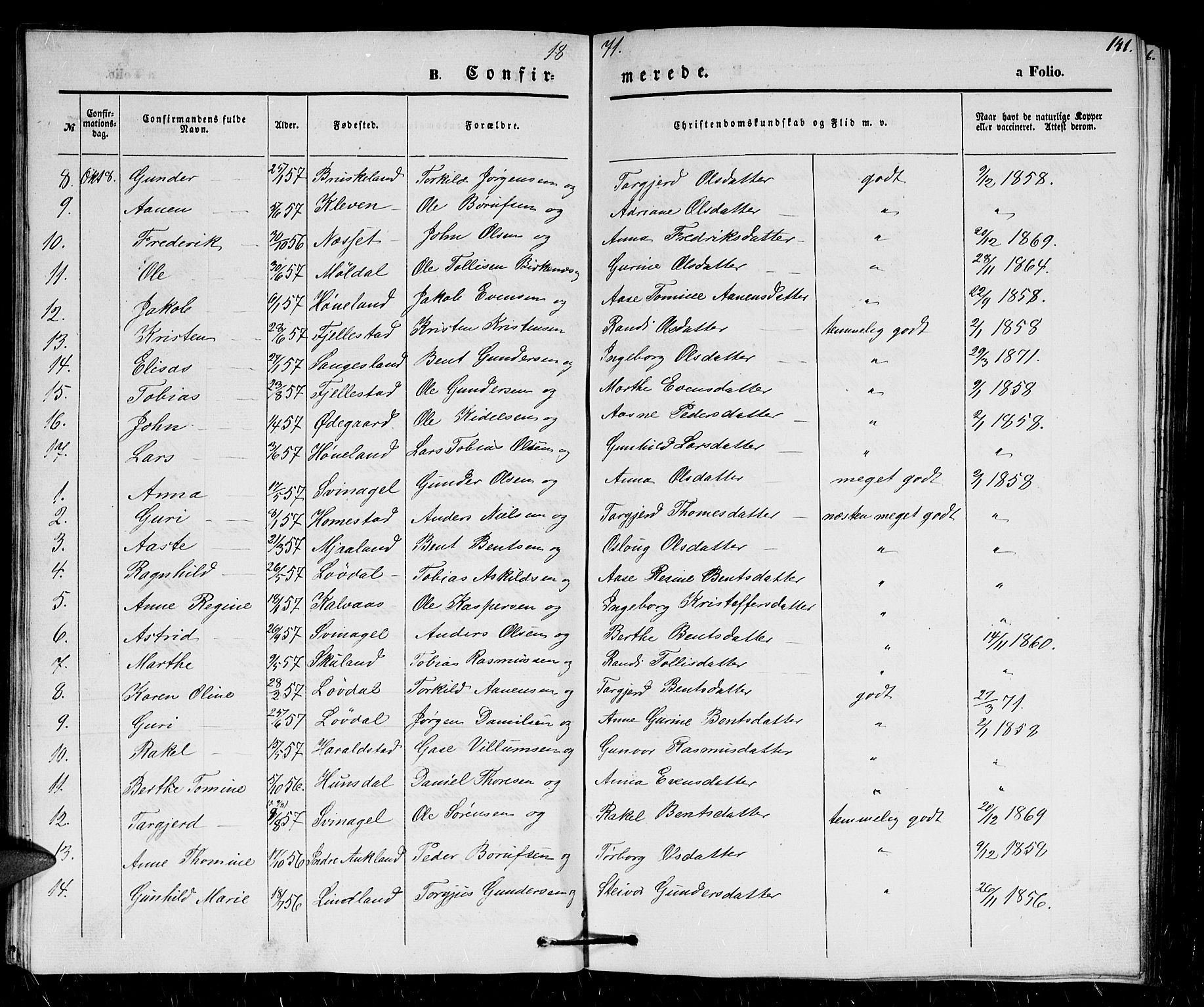 Holum sokneprestkontor, AV/SAK-1111-0022/F/Fb/Fbb/L0002: Parish register (copy) no. B 2, 1847-1874, p. 141