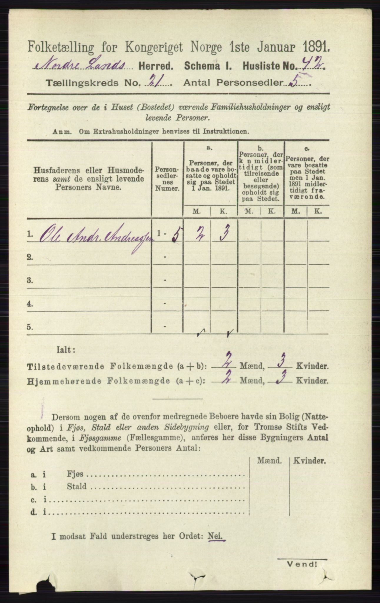 RA, 1891 census for 0538 Nordre Land, 1891, p. 5262