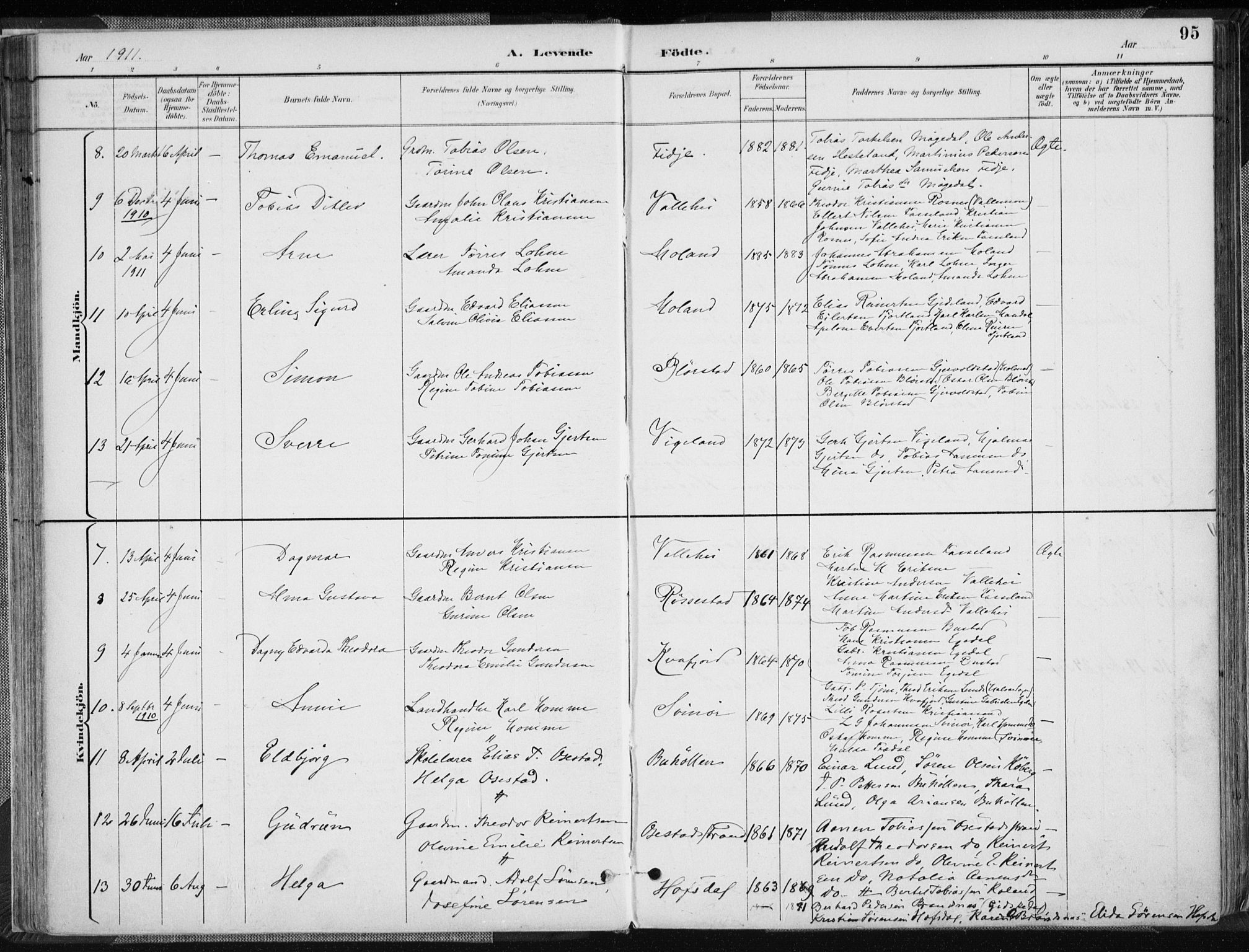 Sør-Audnedal sokneprestkontor, AV/SAK-1111-0039/F/Fa/Fab/L0010: Parish register (official) no. A 10, 1892-1913, p. 95