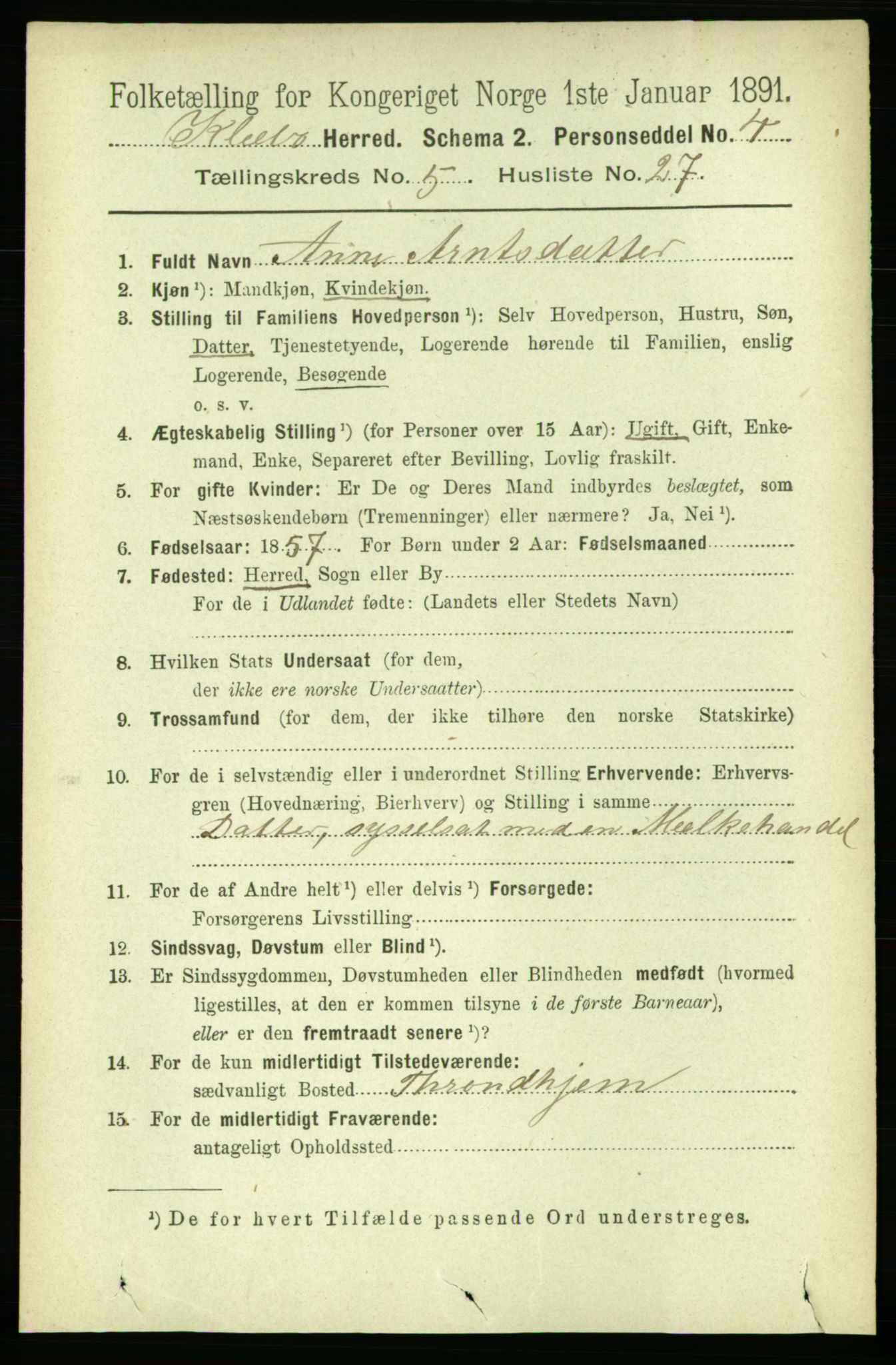 RA, 1891 census for 1662 Klæbu, 1891, p. 1194