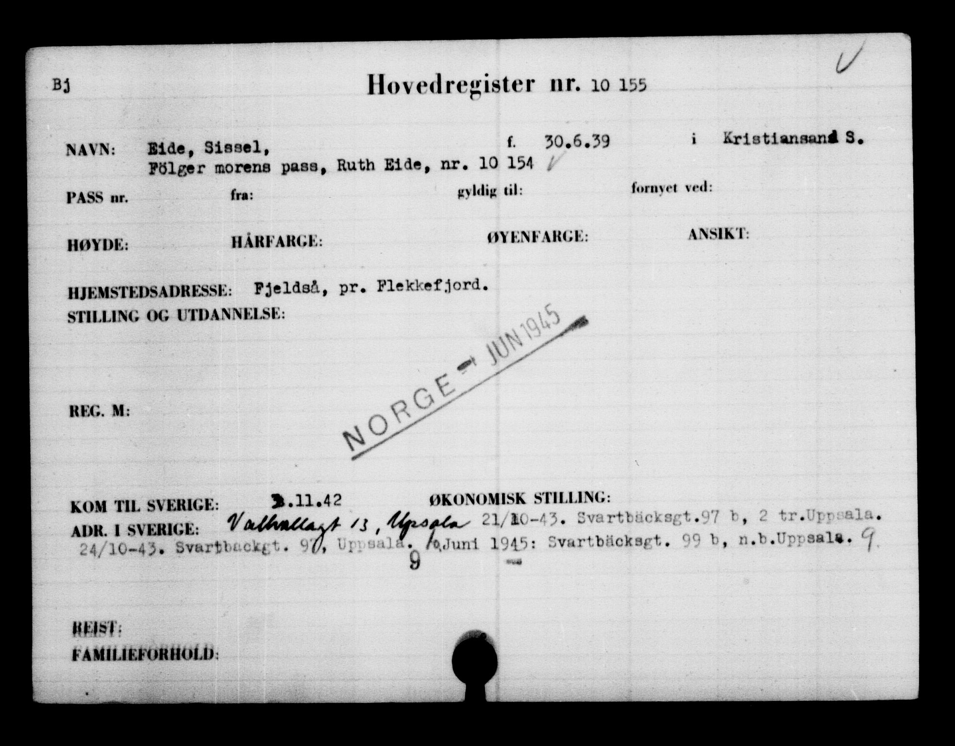 Utenriksstasjonene, Legasjonen i Stockholm, Flyktningkontoret, AV/RA-S-6753/V/Va/L0006: Kjesäterkartoteket, flyktninger med registreringsnr. 9400-12711, 1940-1945, p. 867