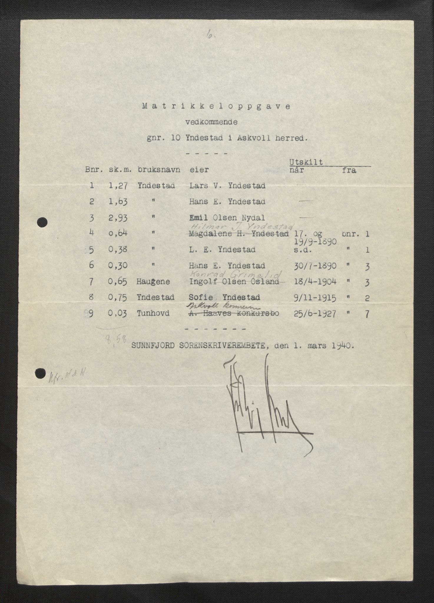 Sogn og Fjordane jordskiftedøme - III Sunnfjord jordskiftedistrikt, AV/SAB-A-6201/B/Bb/L0002: Askvoll gnr. 7-11, 1939-1952, p. 10