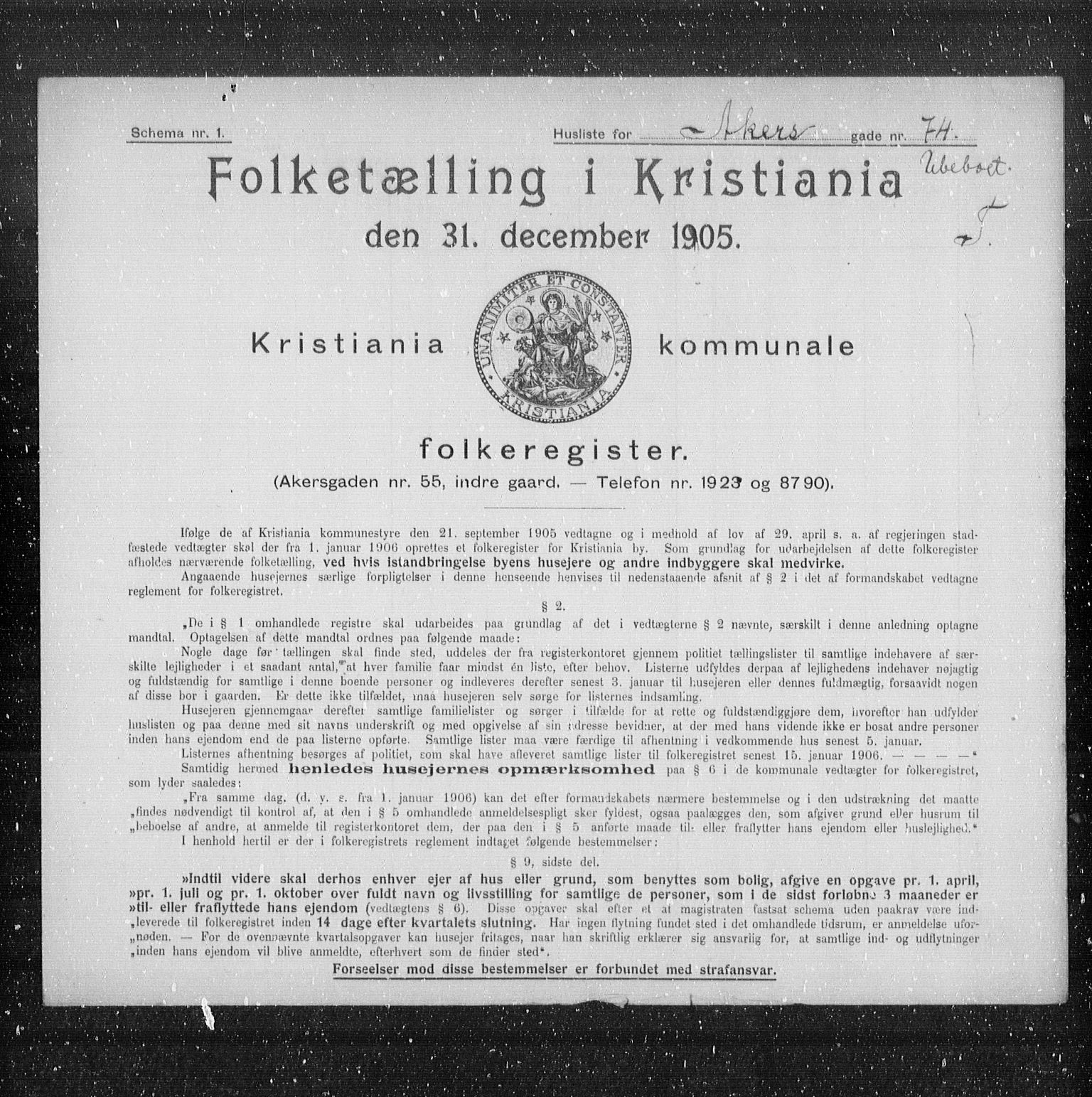 OBA, Municipal Census 1905 for Kristiania, 1905, p. 455