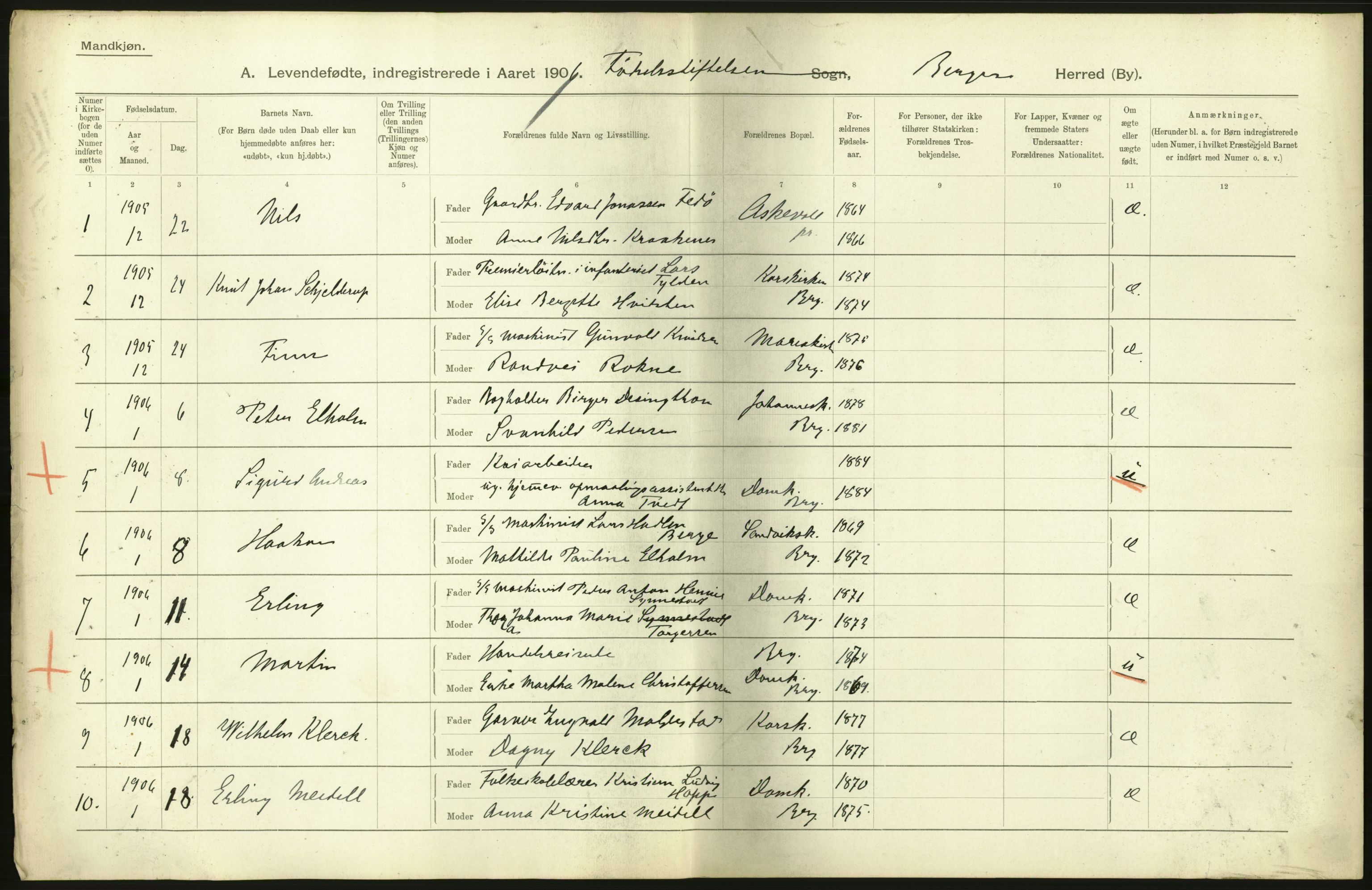 Statistisk sentralbyrå, Sosiodemografiske emner, Befolkning, AV/RA-S-2228/D/Df/Dfa/Dfad/L0031: Bergen: Levendefødte menn og kvinner., 1906, p. 36