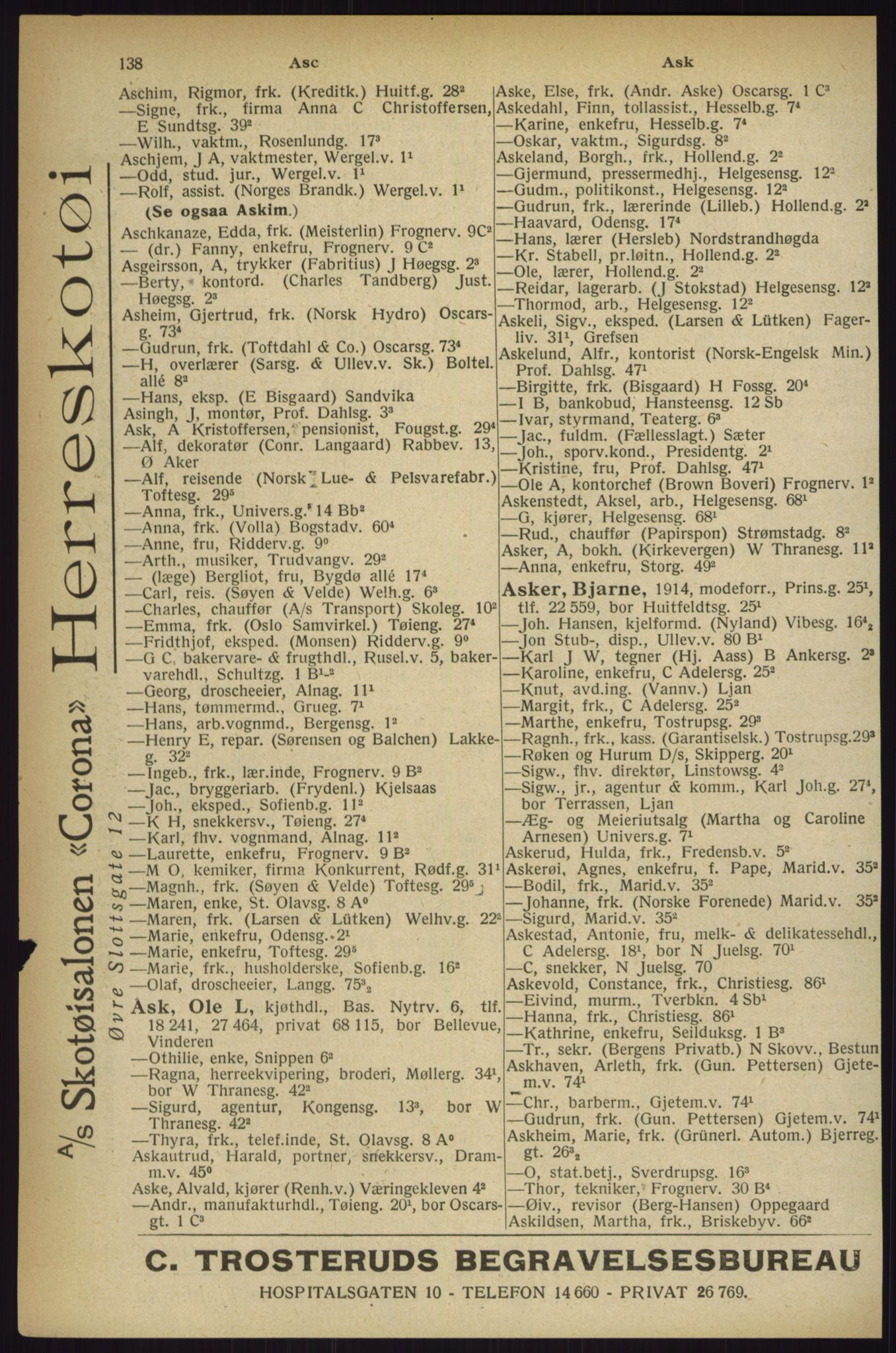 Kristiania/Oslo adressebok, PUBL/-, 1927, p. 138