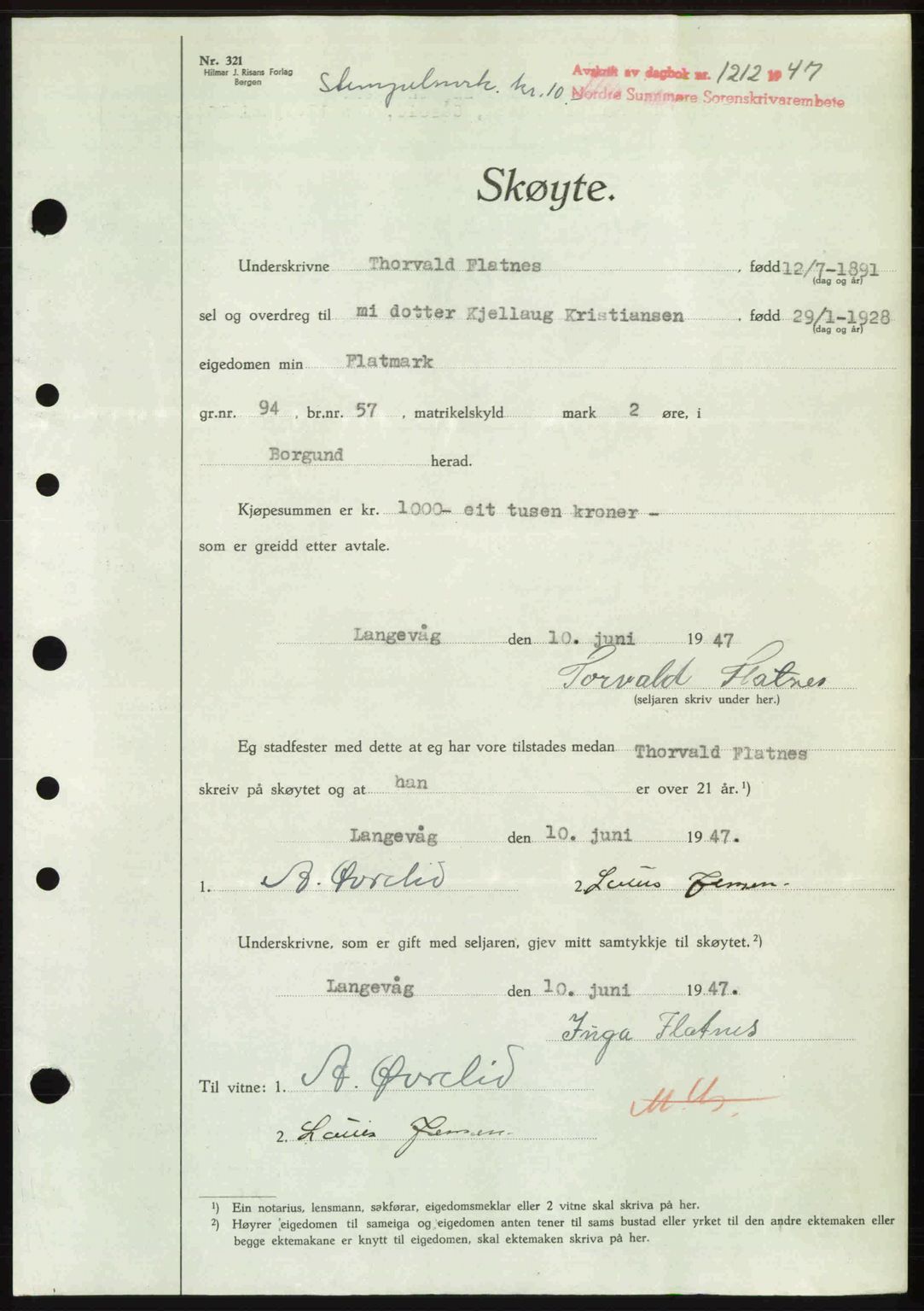 Nordre Sunnmøre sorenskriveri, AV/SAT-A-0006/1/2/2C/2Ca: Mortgage book no. A25, 1947-1947, Diary no: : 1212/1947