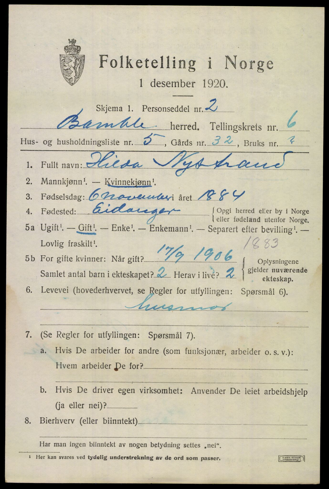 SAKO, 1920 census for Bamble, 1920, p. 5925