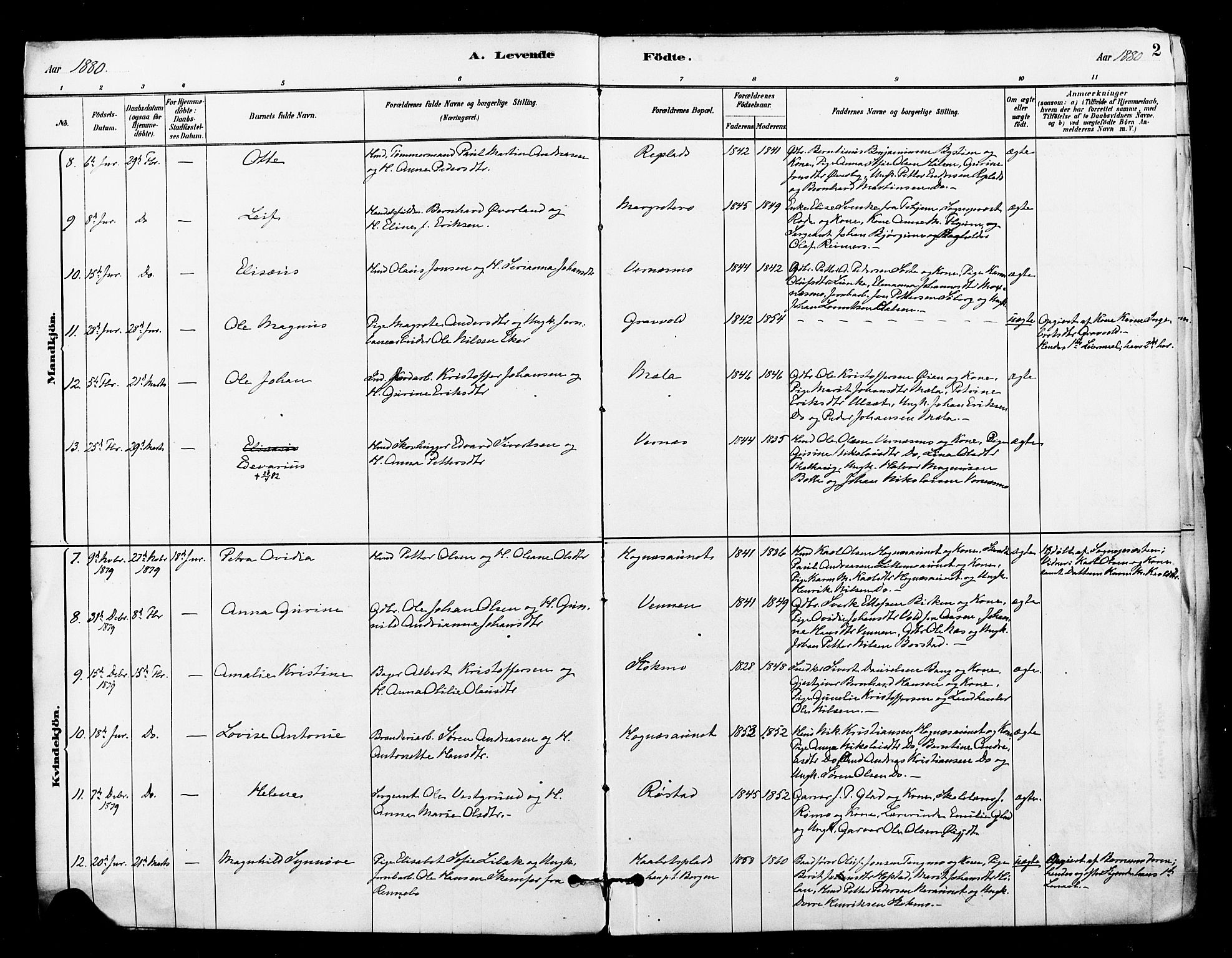 Ministerialprotokoller, klokkerbøker og fødselsregistre - Nord-Trøndelag, SAT/A-1458/709/L0077: Parish register (official) no. 709A17, 1880-1895, p. 2