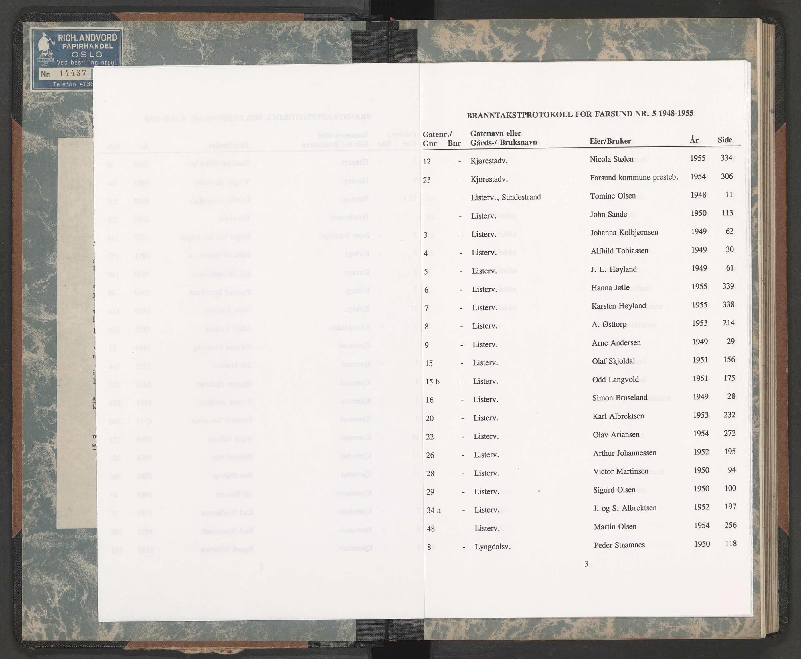 Norges Brannkasse Farsund, AV/SAK-2241-0011/F/Fa/L0004: Branntakstprotokoll nr. 5 med gatenavnsregister og gårdsnavnregister, 1948-1955