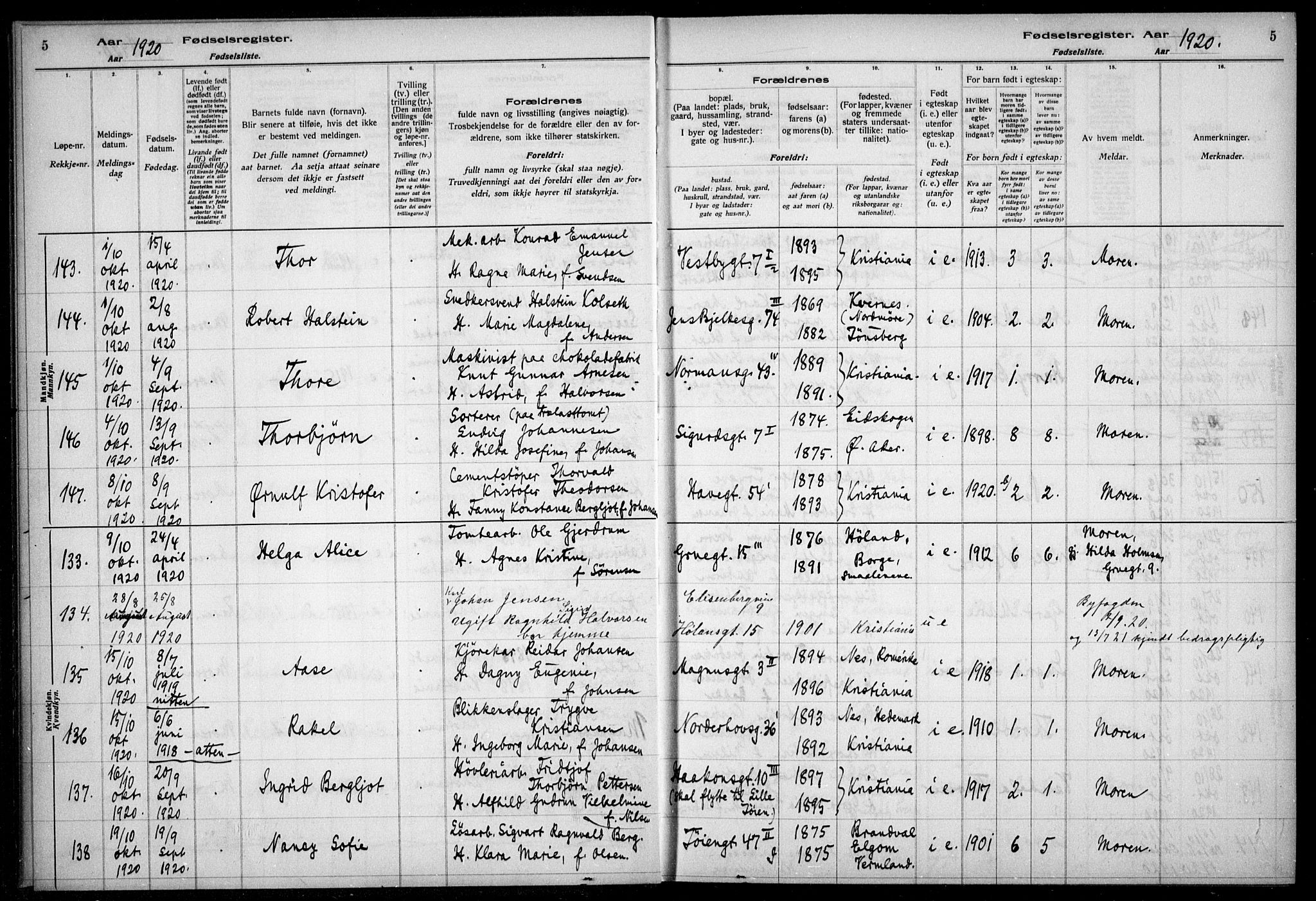 Kampen prestekontor Kirkebøker, AV/SAO-A-10853/J/Ja/L0002: Birth register no. 2, 1920-1935, p. 5