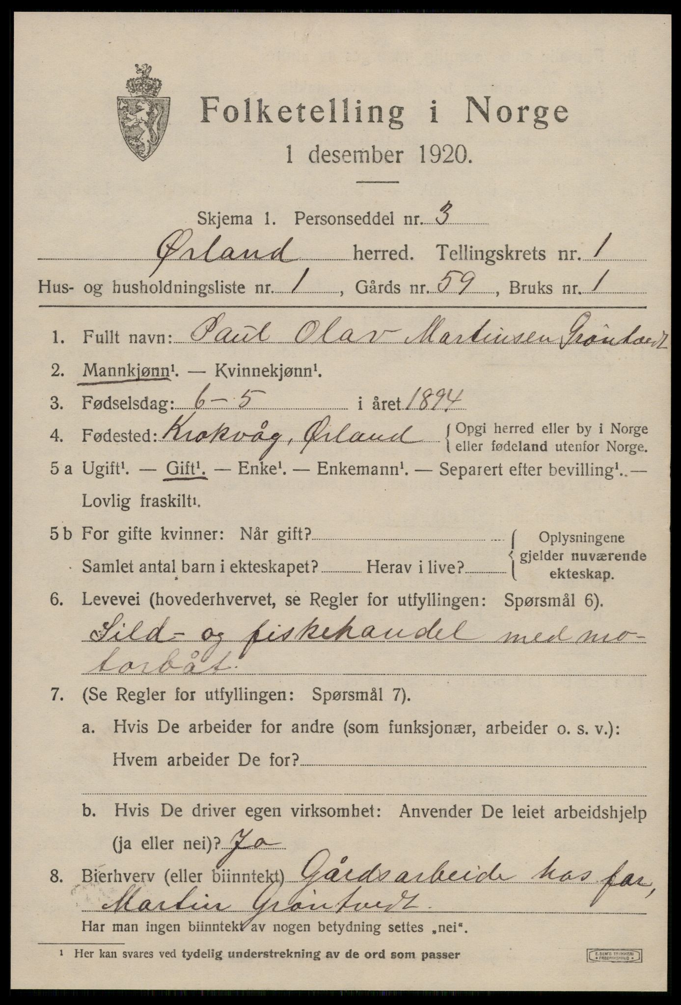 SAT, 1920 census for Ørland, 1920, p. 1347