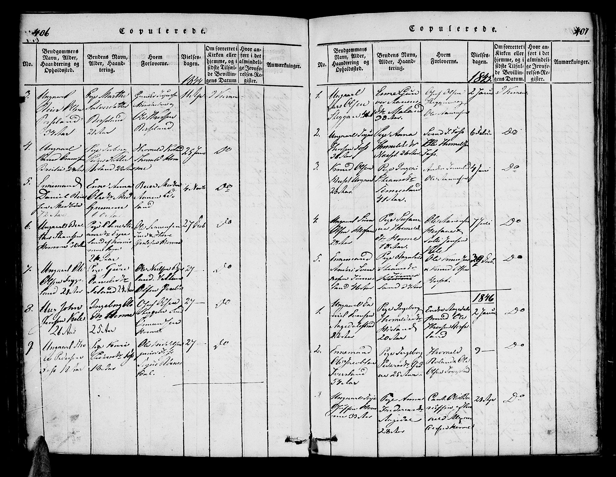 Bjelland sokneprestkontor, SAK/1111-0005/F/Fa/Faa/L0002: Parish register (official) no. A 2, 1816-1866, p. 406-407