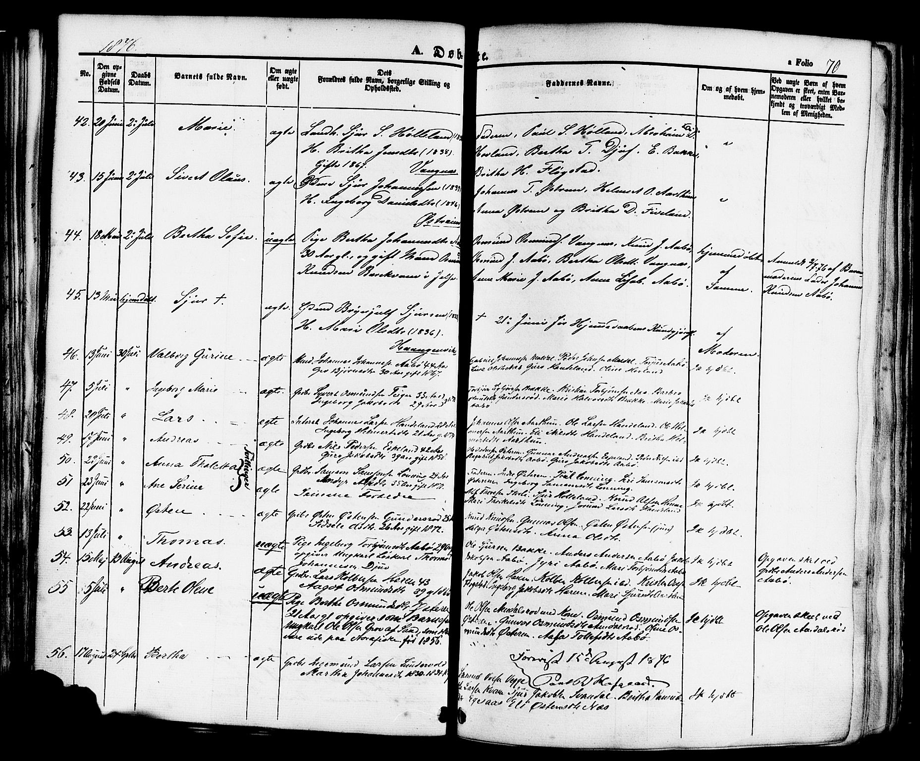 Sand sokneprestkontor, AV/SAST-A-101848/01/III/L0004: Parish register (official) no. A 4, 1859-1880, p. 70