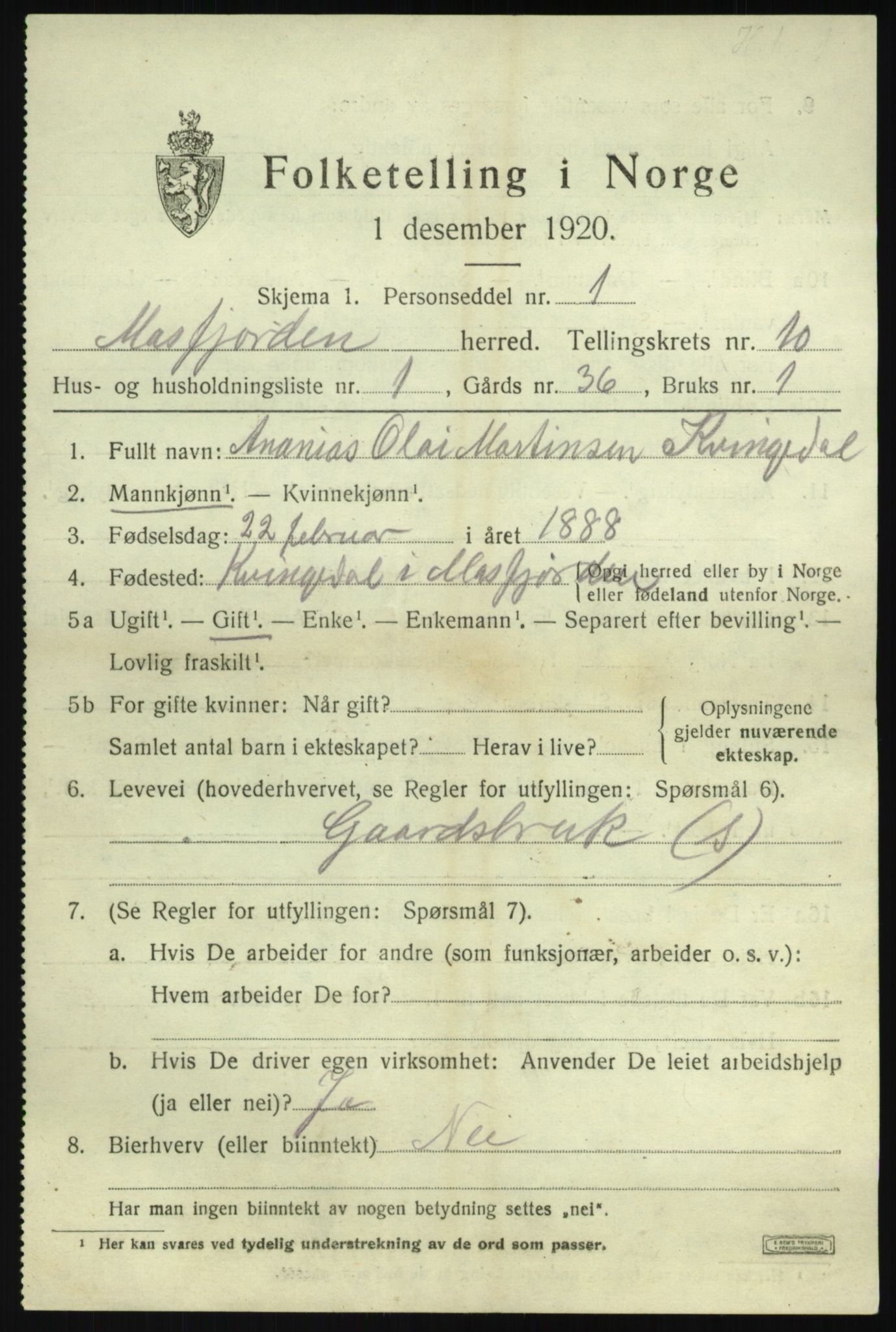 SAB, 1920 census for Masfjorden, 1920, p. 3663