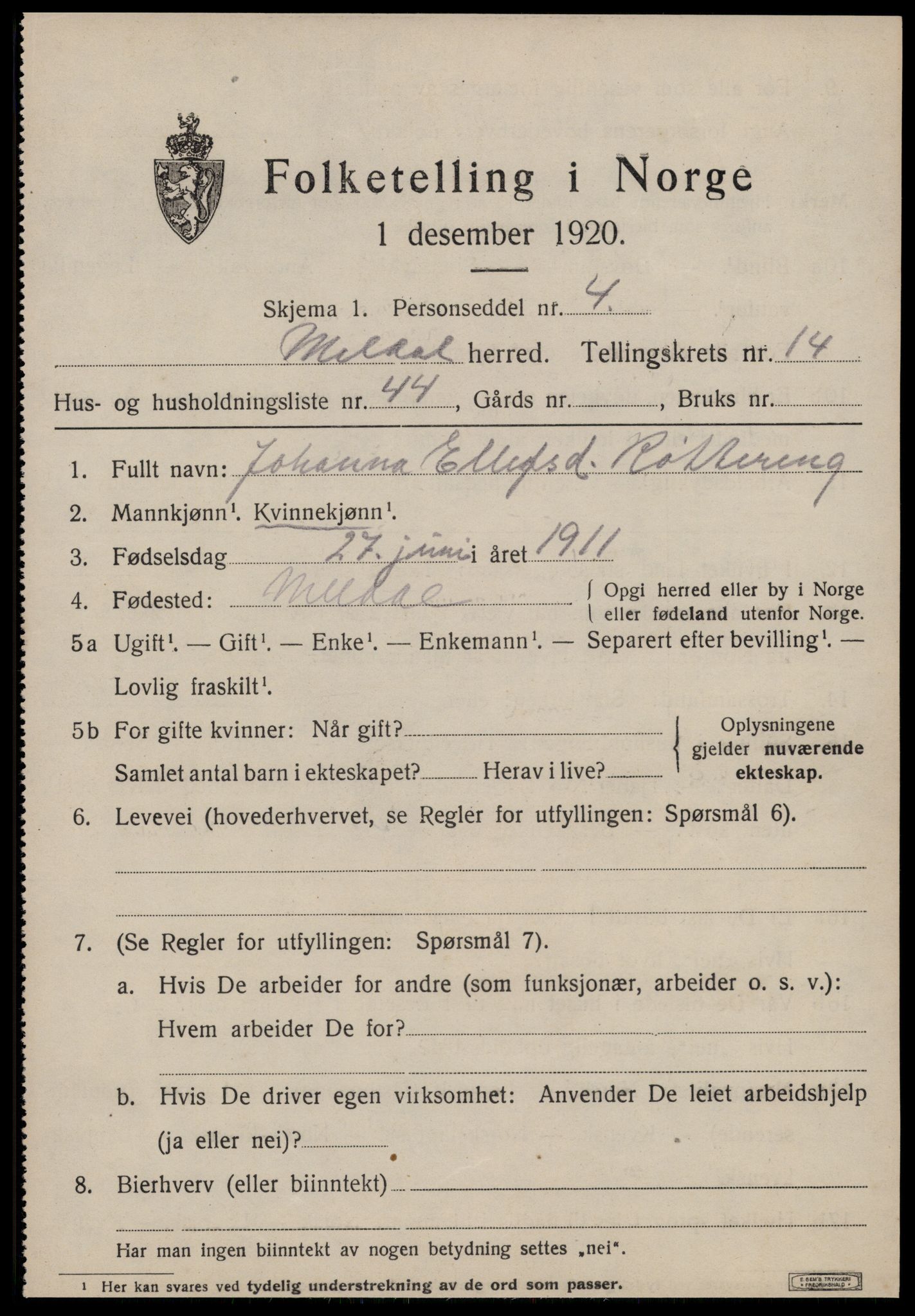 SAT, 1920 census for Meldal, 1920, p. 10465