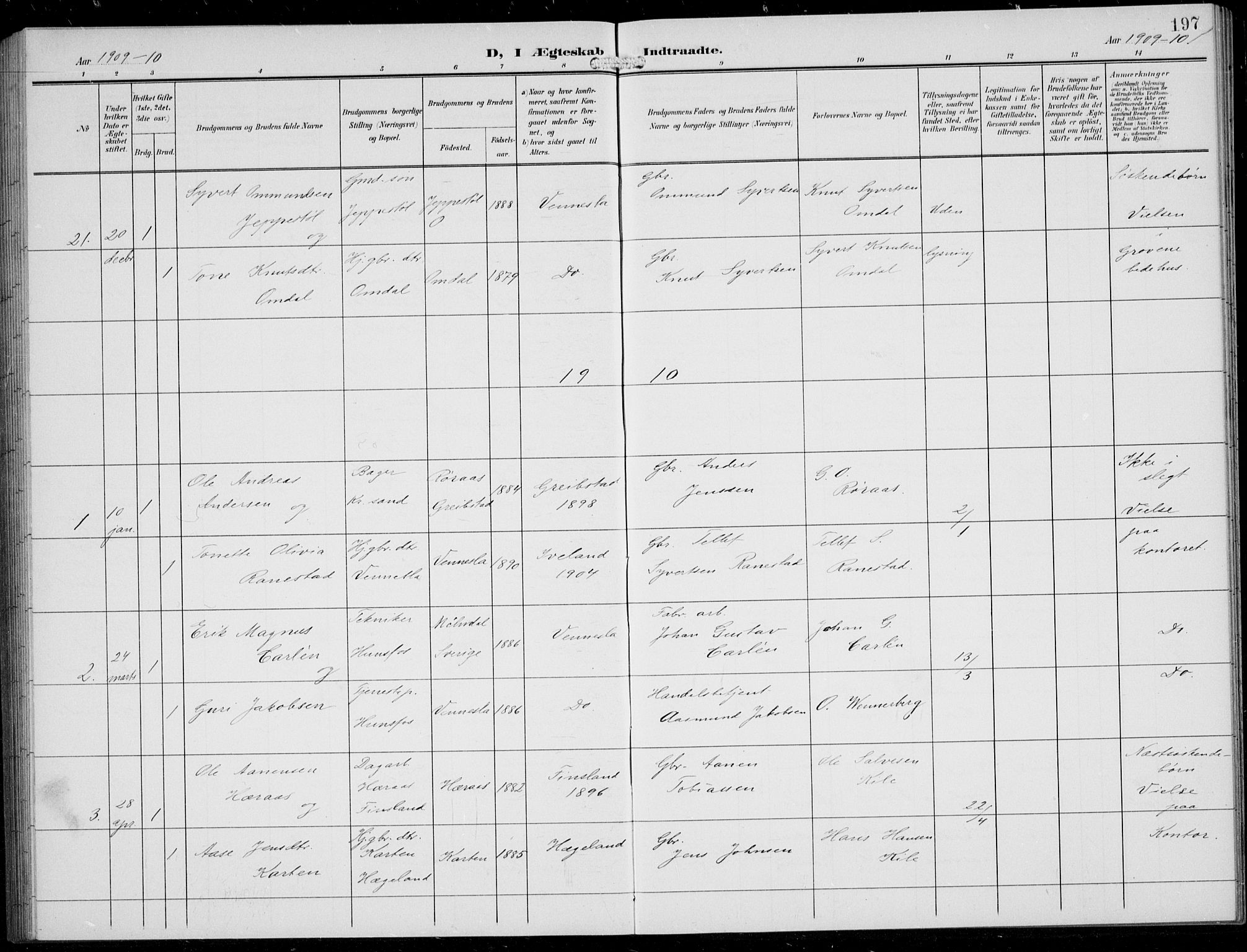 Vennesla sokneprestkontor, AV/SAK-1111-0045/Fb/Fbb/L0005: Parish register (copy) no. B 5, 1903-1913, p. 197