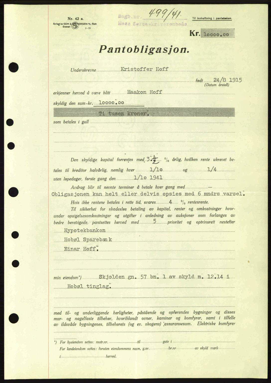 Moss sorenskriveri, SAO/A-10168: Mortgage book no. B10, 1940-1941, Diary no: : 499/1941