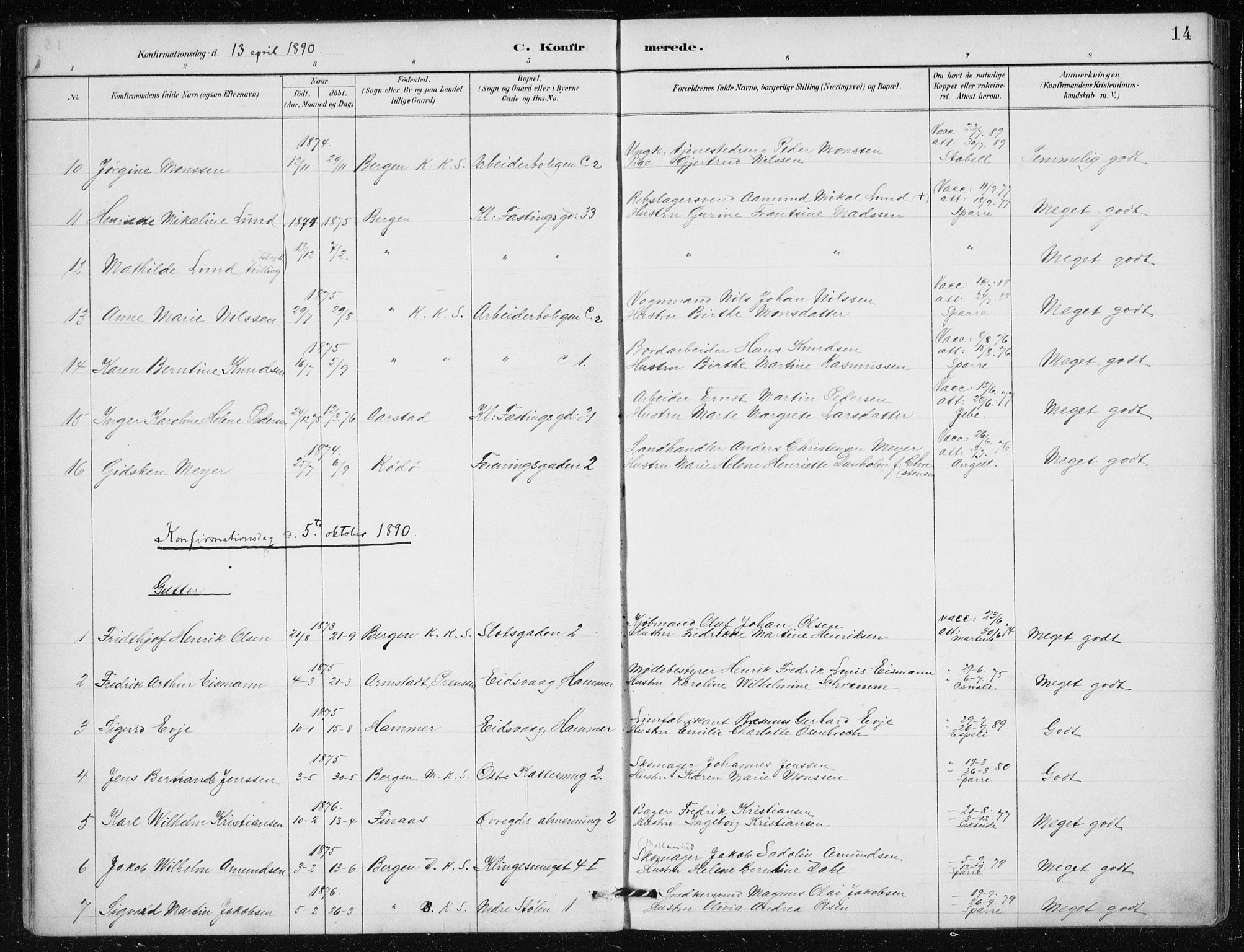 Mariakirken Sokneprestembete, AV/SAB-A-76901/H/Haa/L0013: Parish register (official) no. C 1, 1889-1900, p. 14