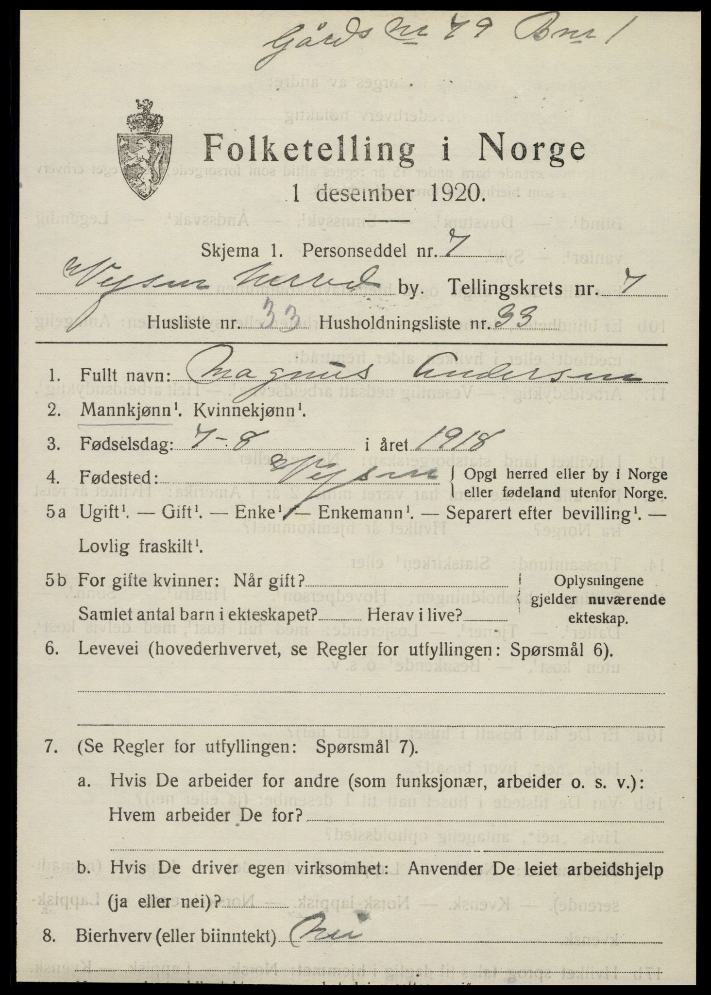 SAT, 1920 census for Vefsn, 1920, p. 5299