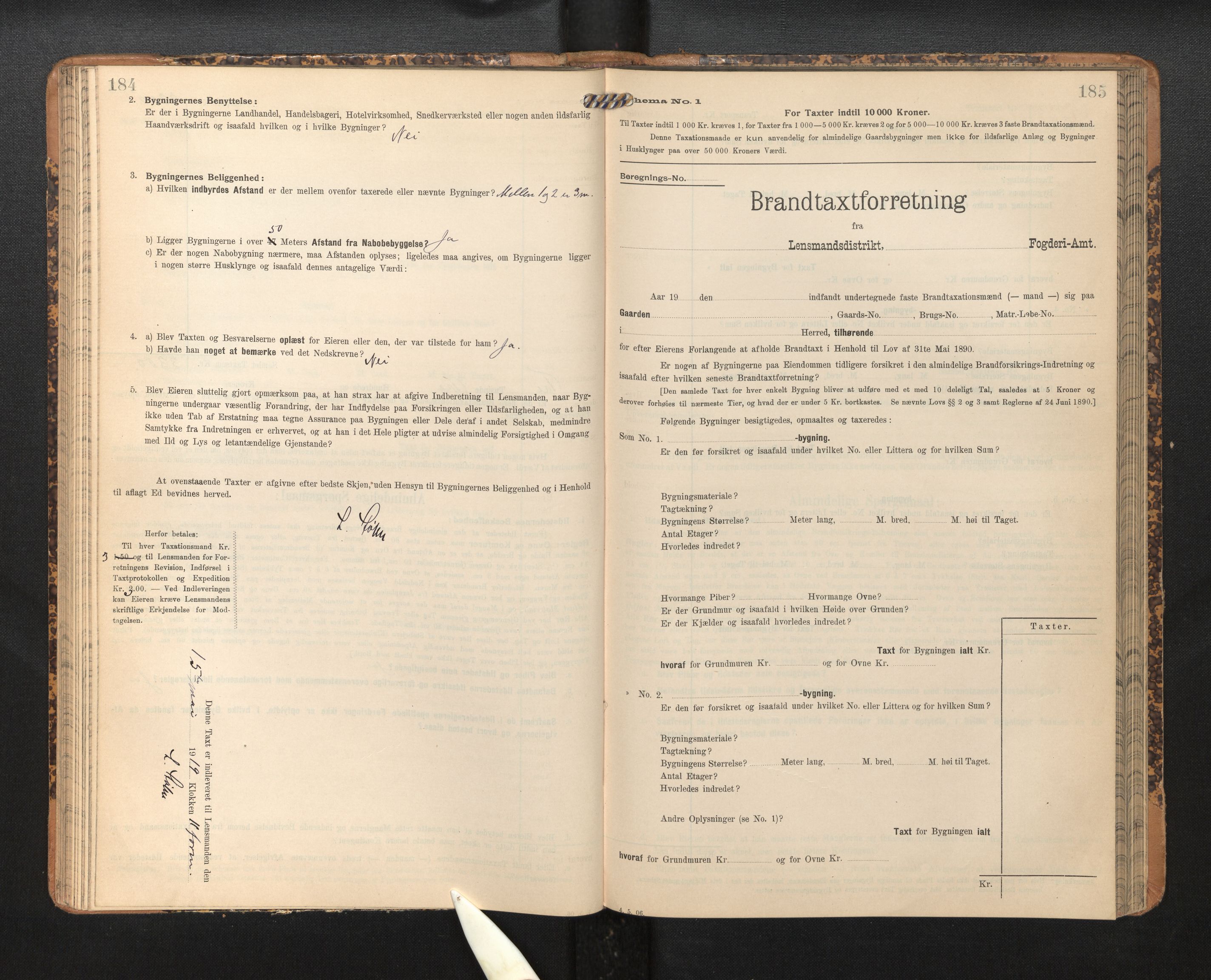 Lensmannen i Jostedal, SAB/A-28601/0012/L0004: Branntakstprotokoll, skjematakst, 1906-1919, p. 184-185