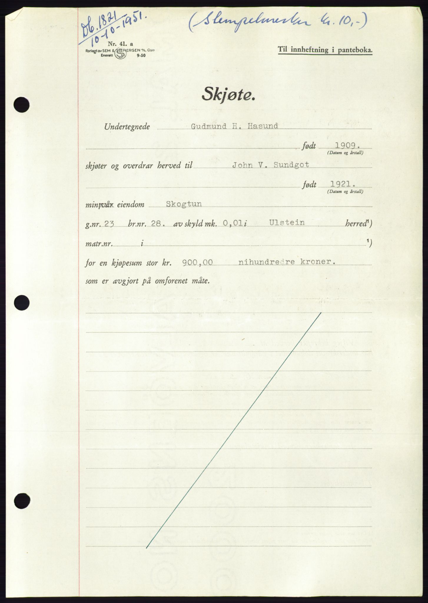 Søre Sunnmøre sorenskriveri, AV/SAT-A-4122/1/2/2C/L0090: Mortgage book no. 16A, 1951-1951, Diary no: : 1821/1951